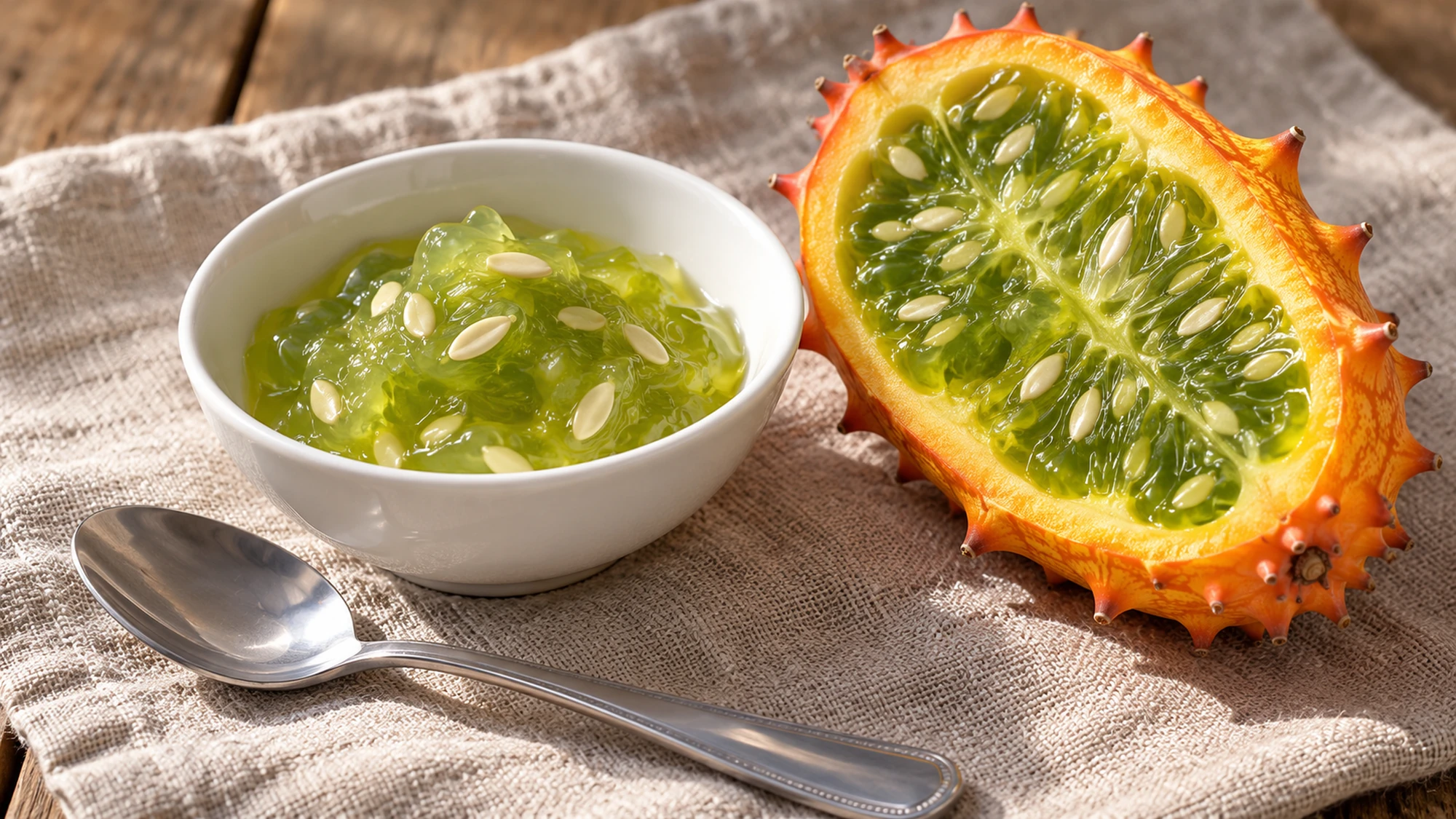 Horned melon pulp served in a small white bowl beside a cut half