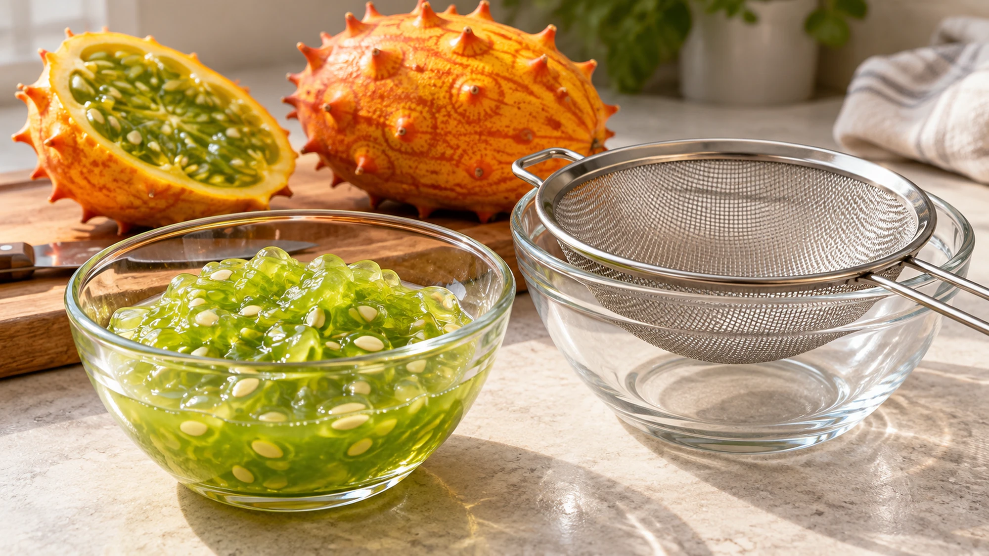Horned melon pulp in a glass bowl beside a fine-mesh sieve