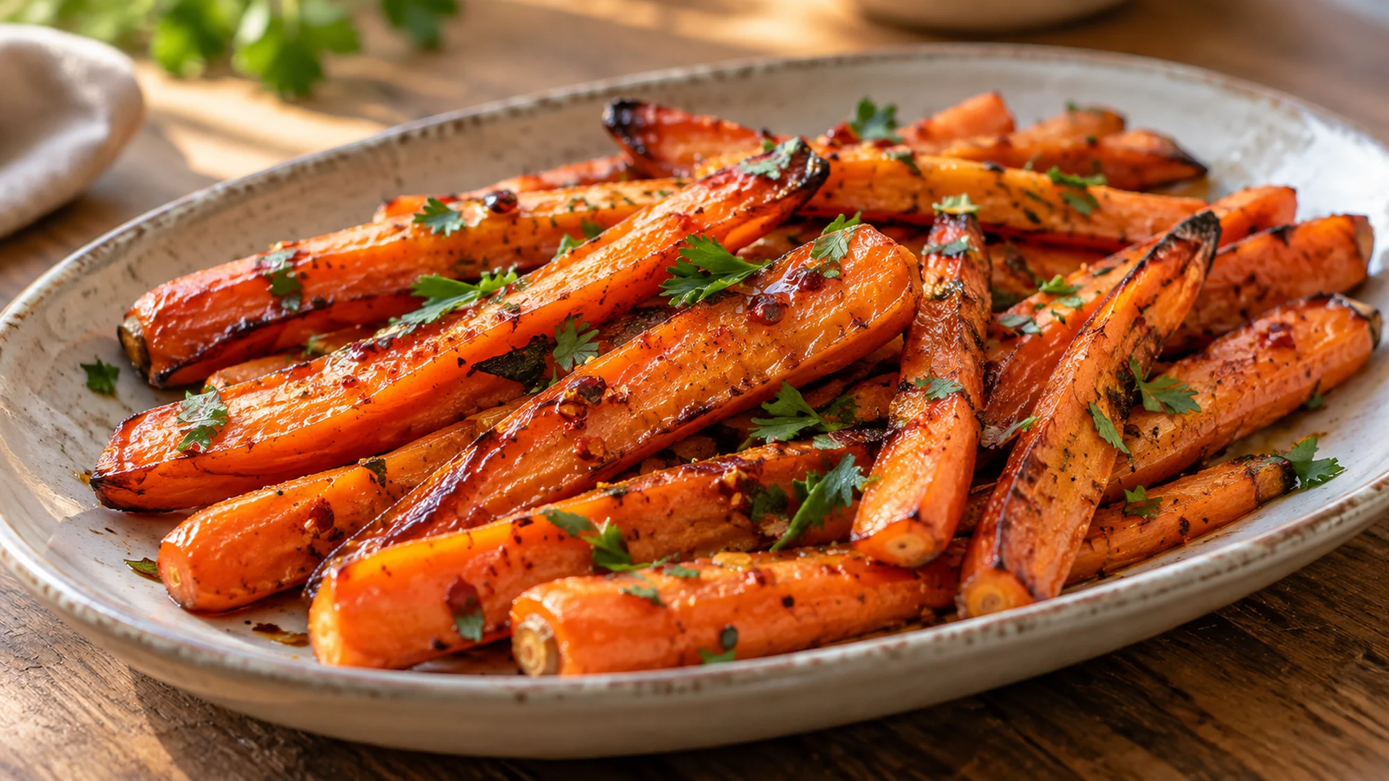A close view of tender hot honey roasted carrots on a serving platter