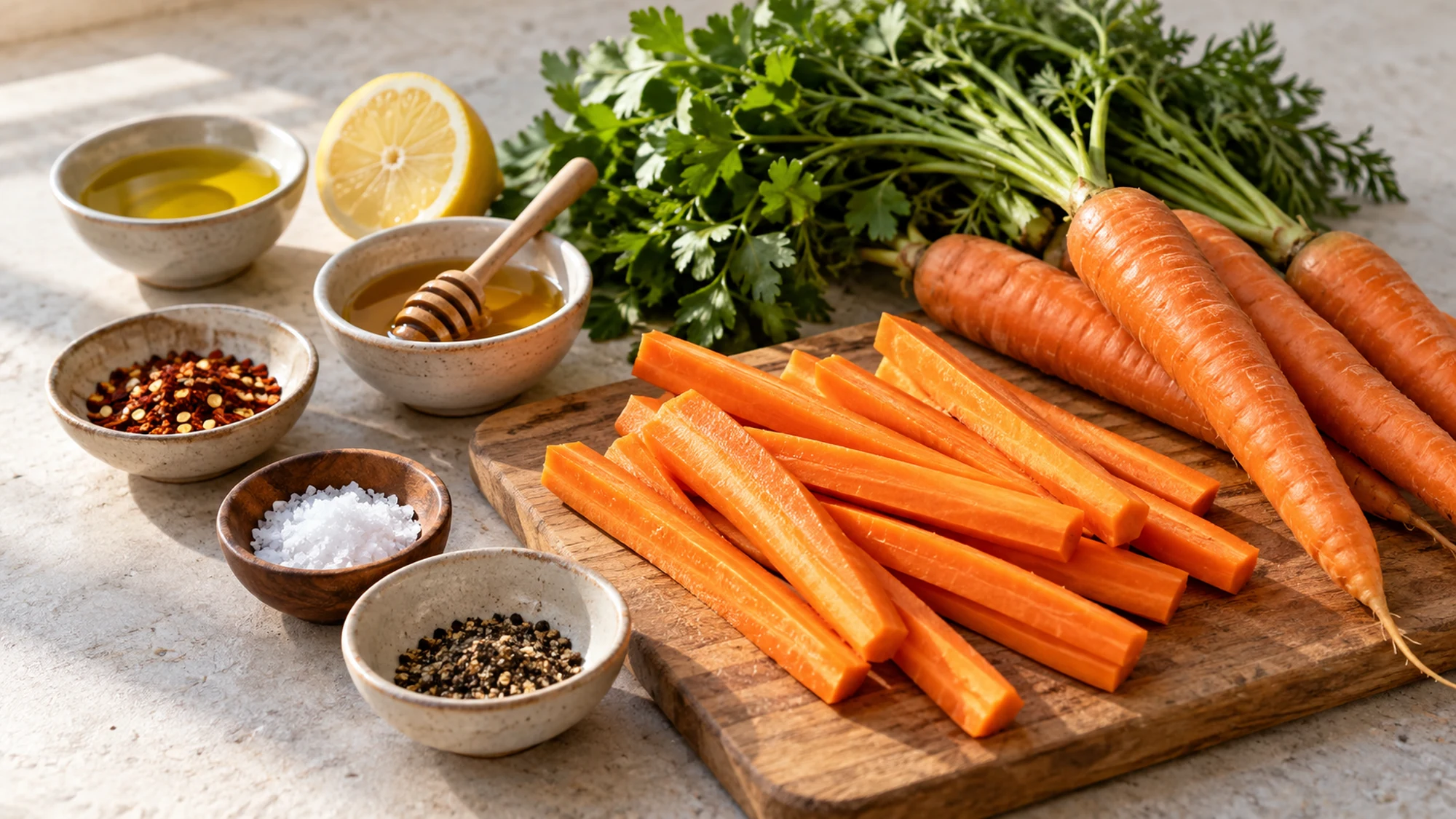 Carrots, honey, chili flakes, oil and lemon for hot honey roasted carrots