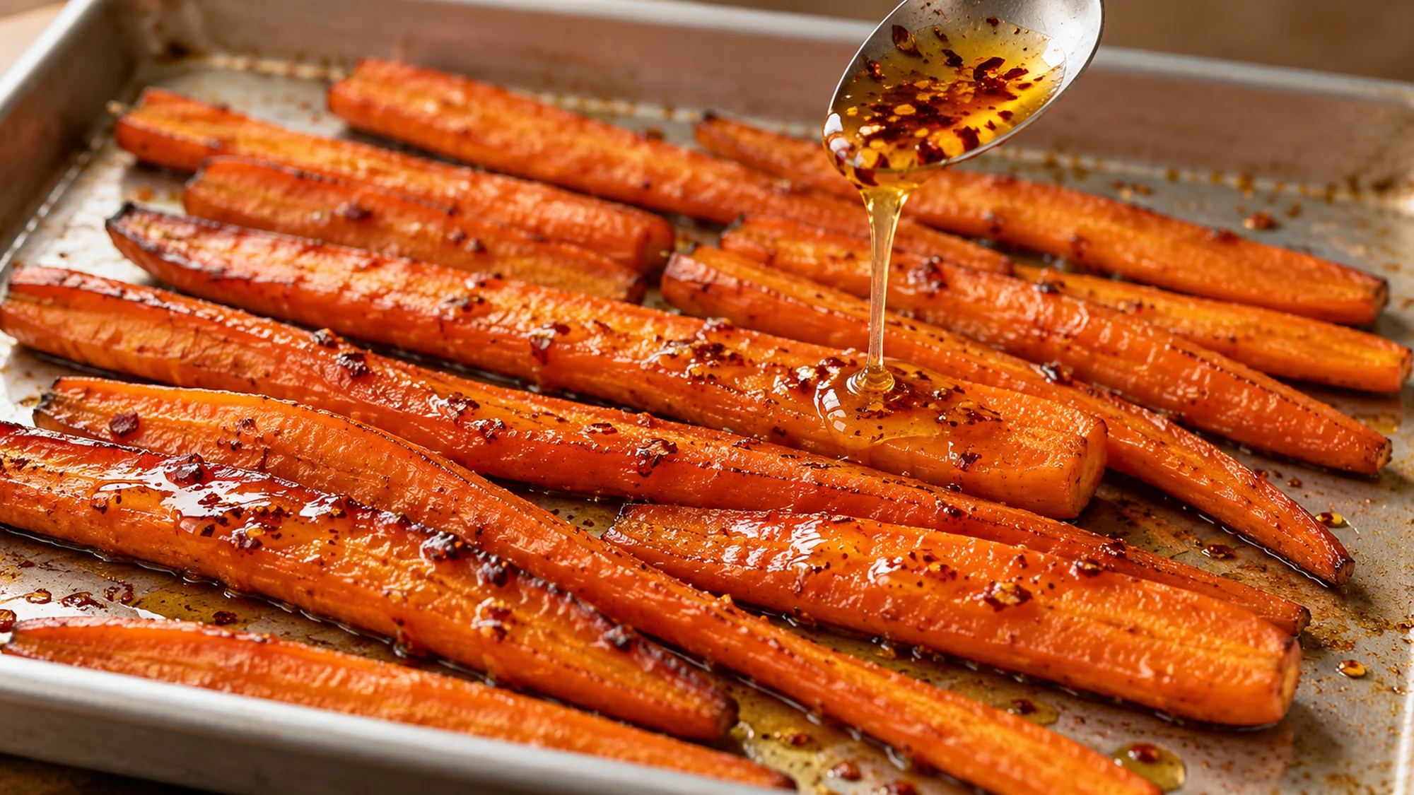 Chili-flecked honey drizzled over hot honey roasted carrots on a metal pan