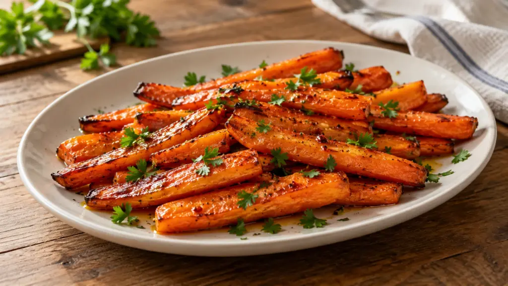Hot honey roasted carrots with browned edges, red pepper flakes and parsley