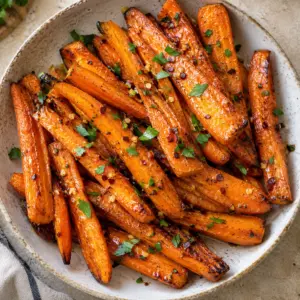 Hot honey roasted carrots with a modest glaze and chopped parsley