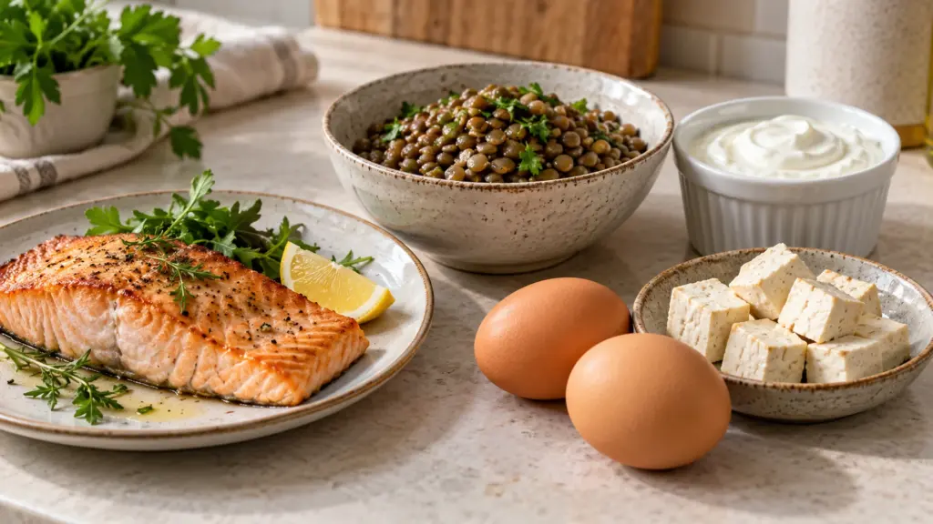 How much protein do I need a day? Salmon, lentils, yogurt, eggs and tofu