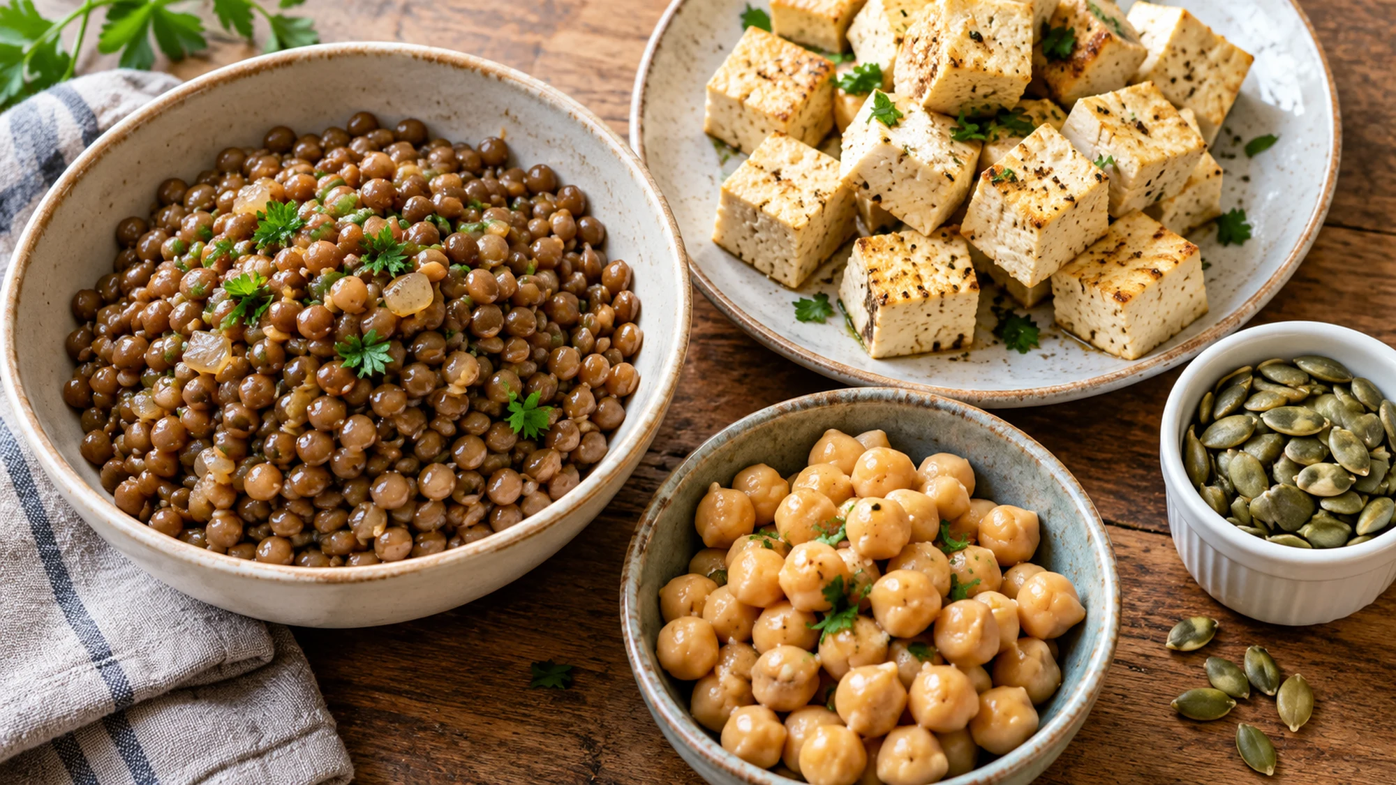 Plant-food choices for how much protein do I need a day: lentils, tofu and chickpeas