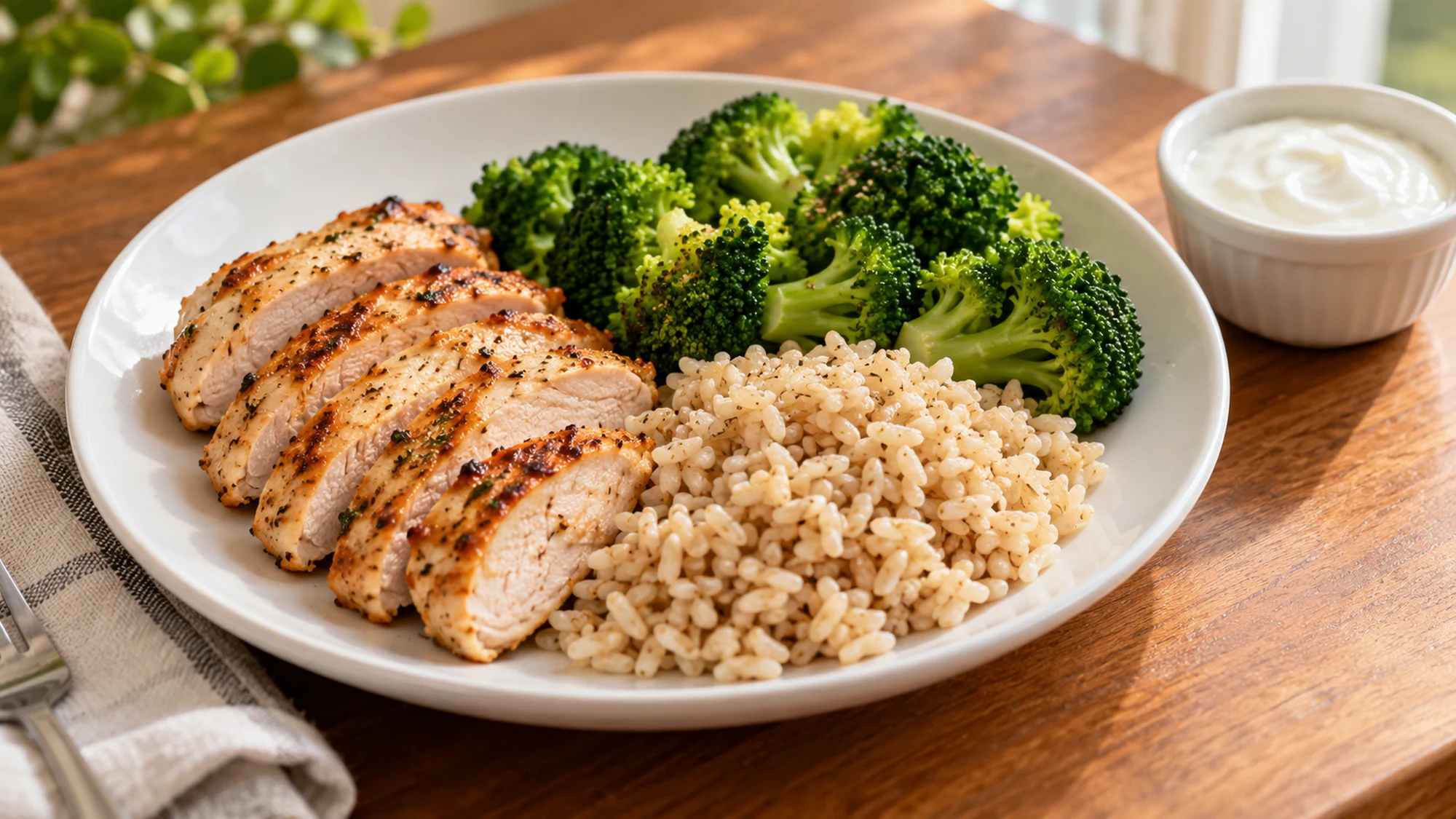 Chicken, brown rice and broccoli in the how much protein do I need a day guide