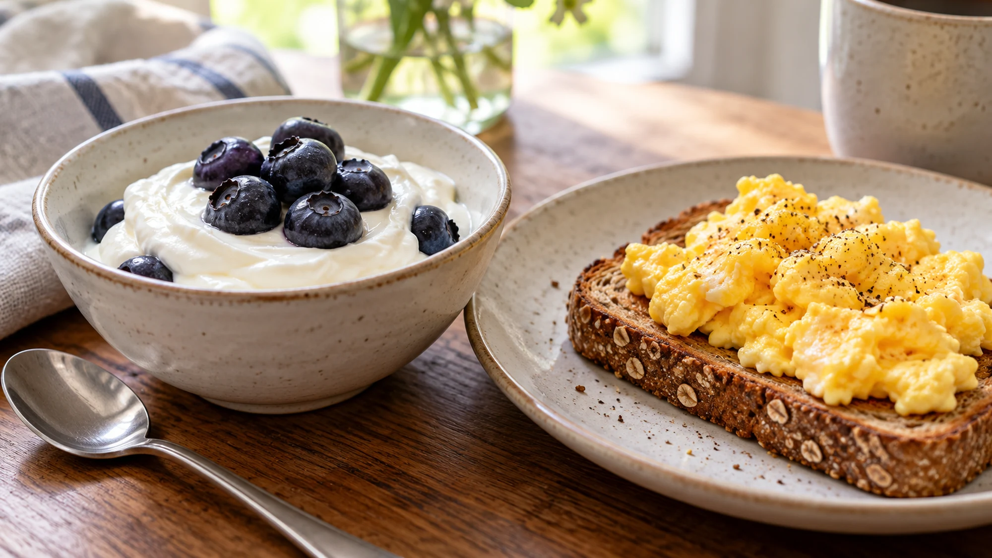Yogurt and cooked eggs illustrate how much protein do I need a day meal planning
