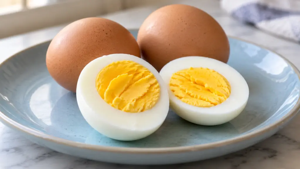 How much protein in an egg: a hard-boiled egg cut into halves