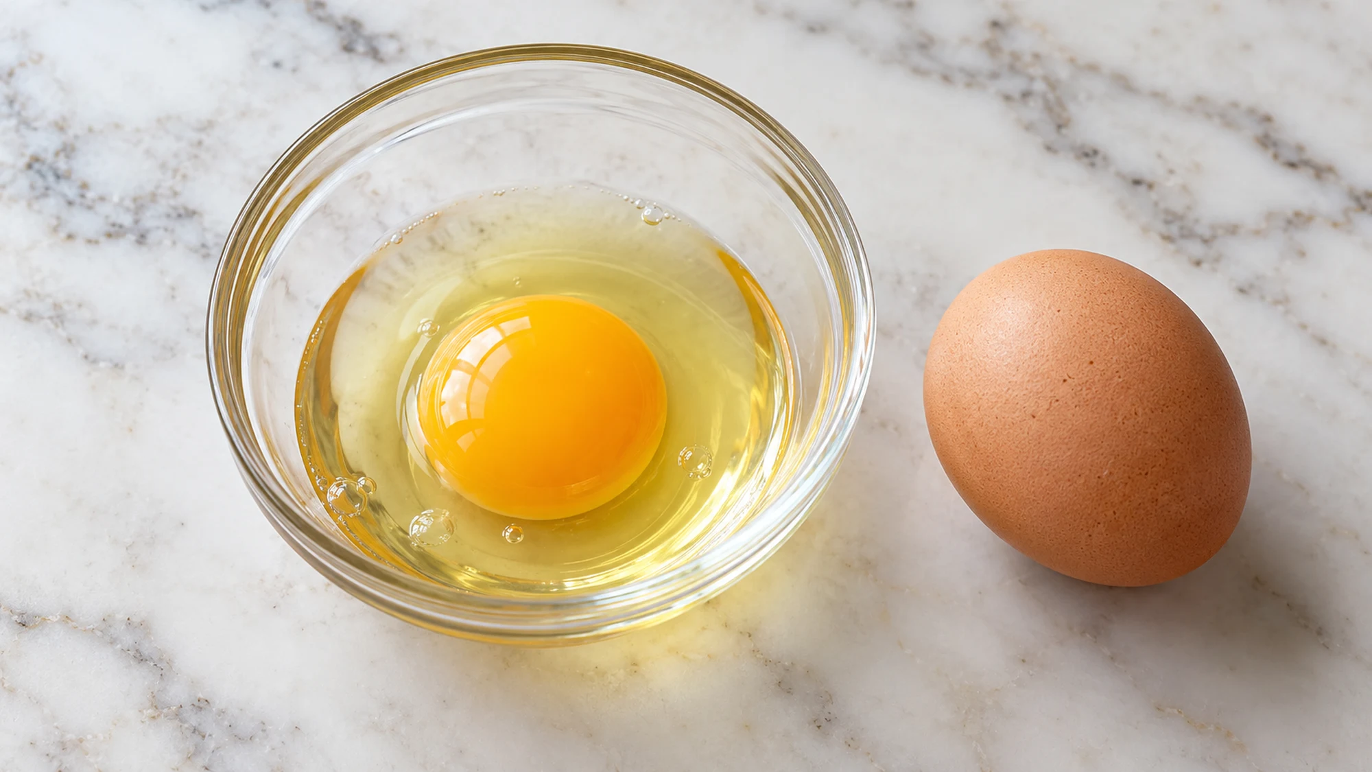 How much protein in an egg: raw whole egg in a clear bowl