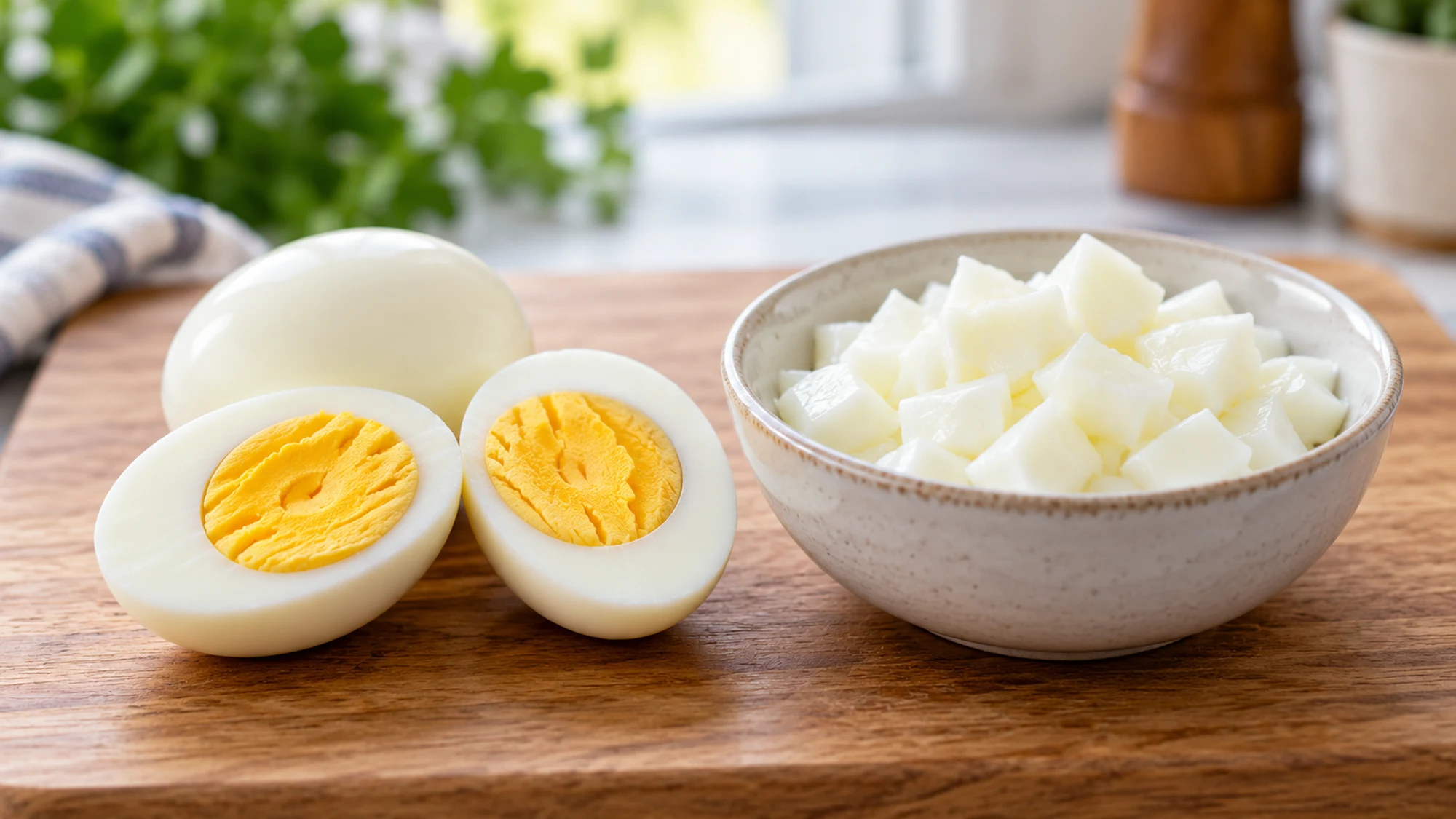 How much protein in an egg: whole boiled egg beside cooked whites