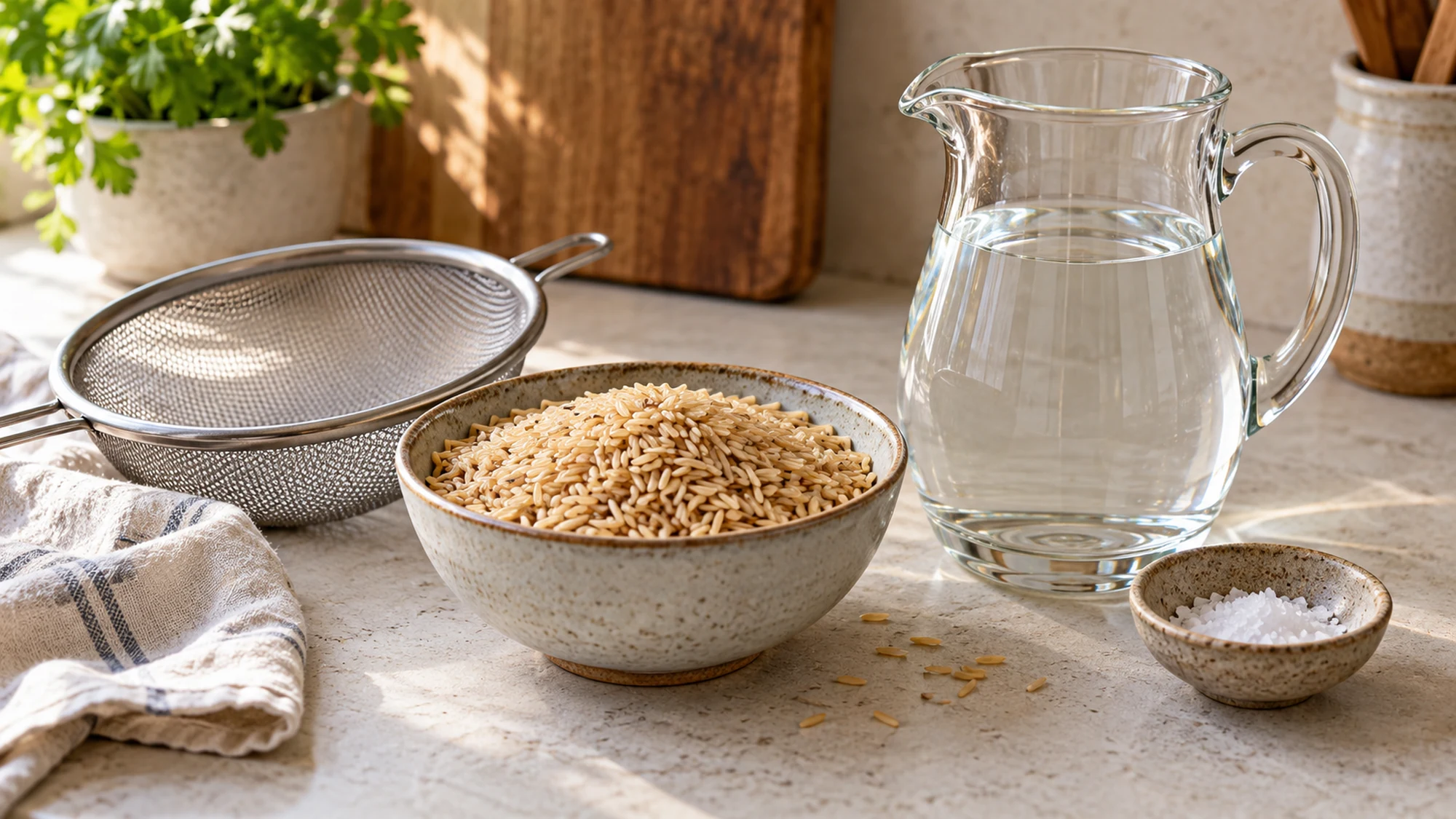 Dry rice, water and a fine-mesh strainer for how to cook brown rice