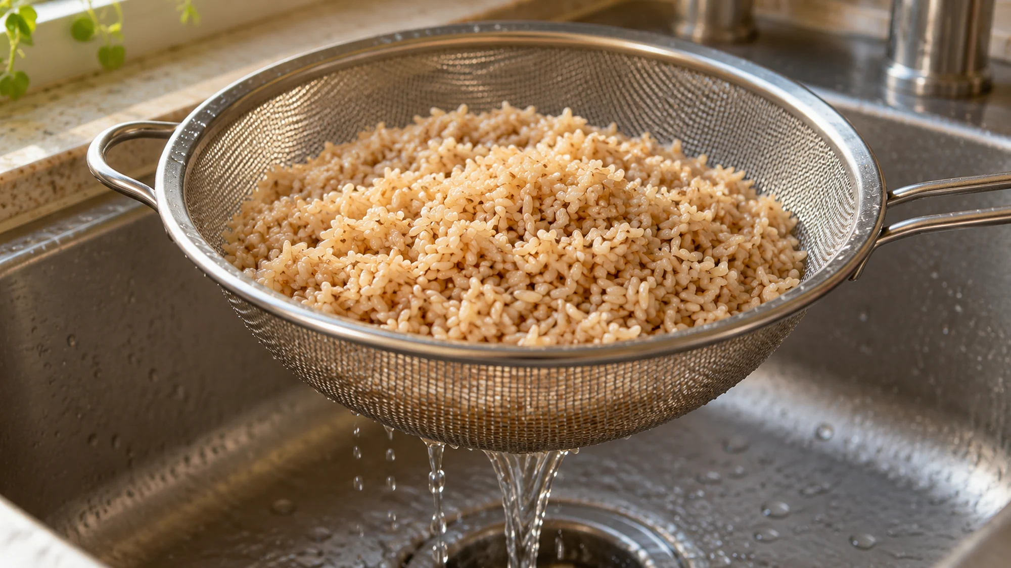 Draining cooked grains through a fine-mesh strainer shows how to cook brown rice