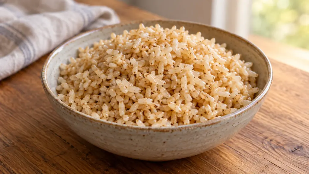 A bowl of separate long-grain rice showing how to cook brown rice