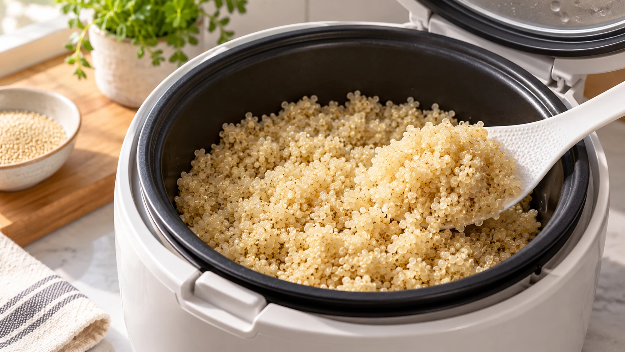 Paddle fluffing cooked quinoa to show how to cook quinoa in a rice cooker