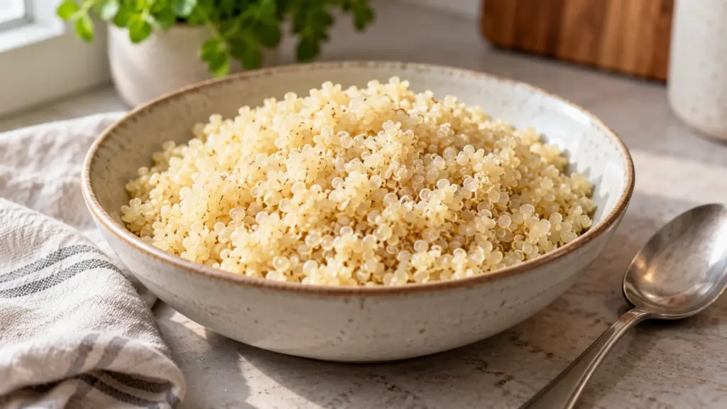 Cooked quinoa in a bowl showing the fluffy result of how to cook quinoa in a rice cooker