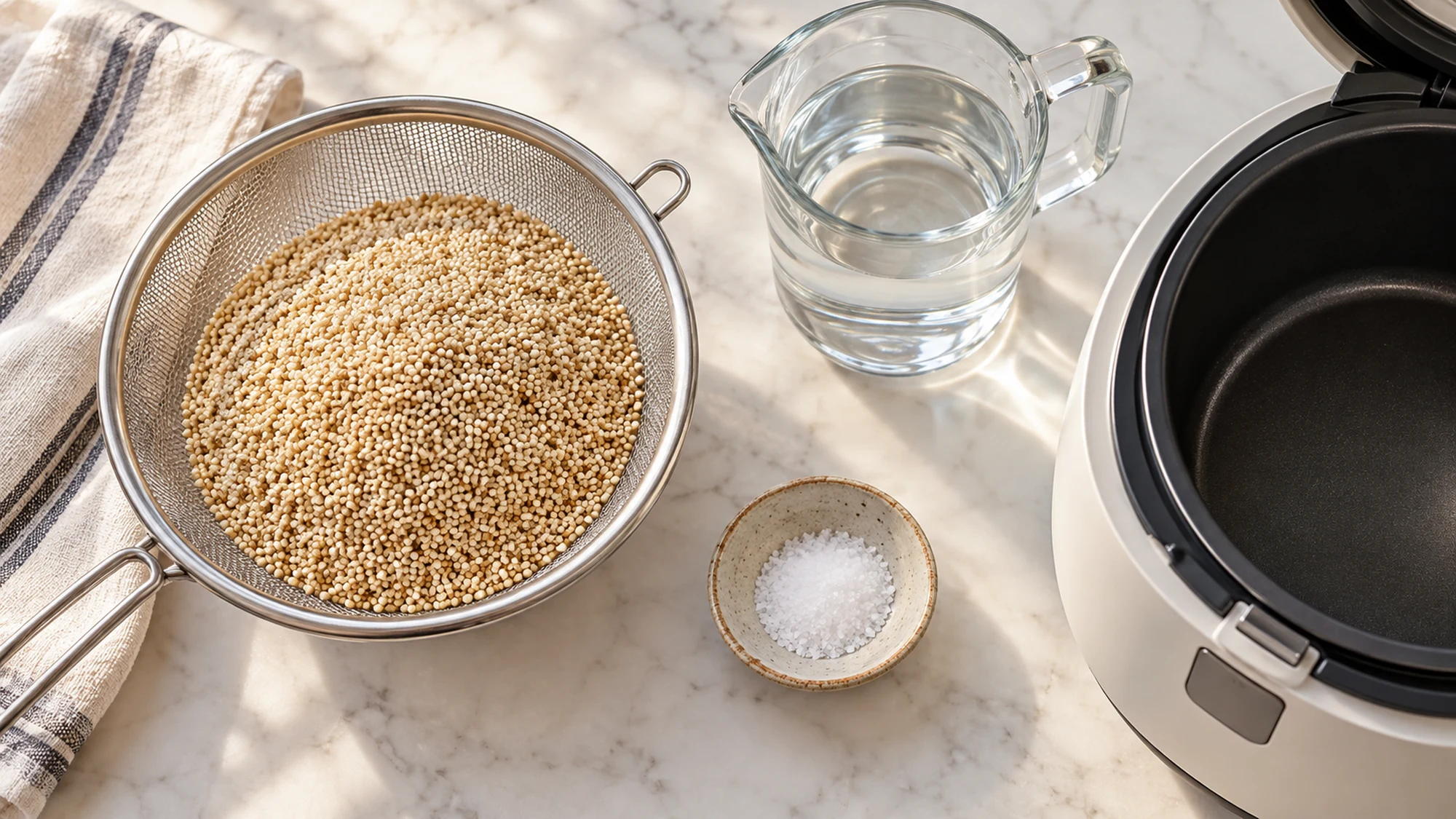 Quinoa, water and salt ready for how to cook quinoa in a rice cooker
