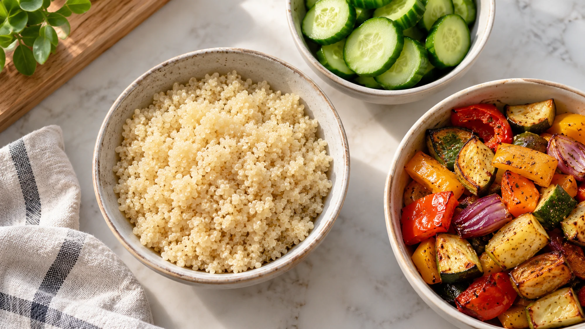 Serving idea for how to cook quinoa in a rice cooker with vegetables alongside