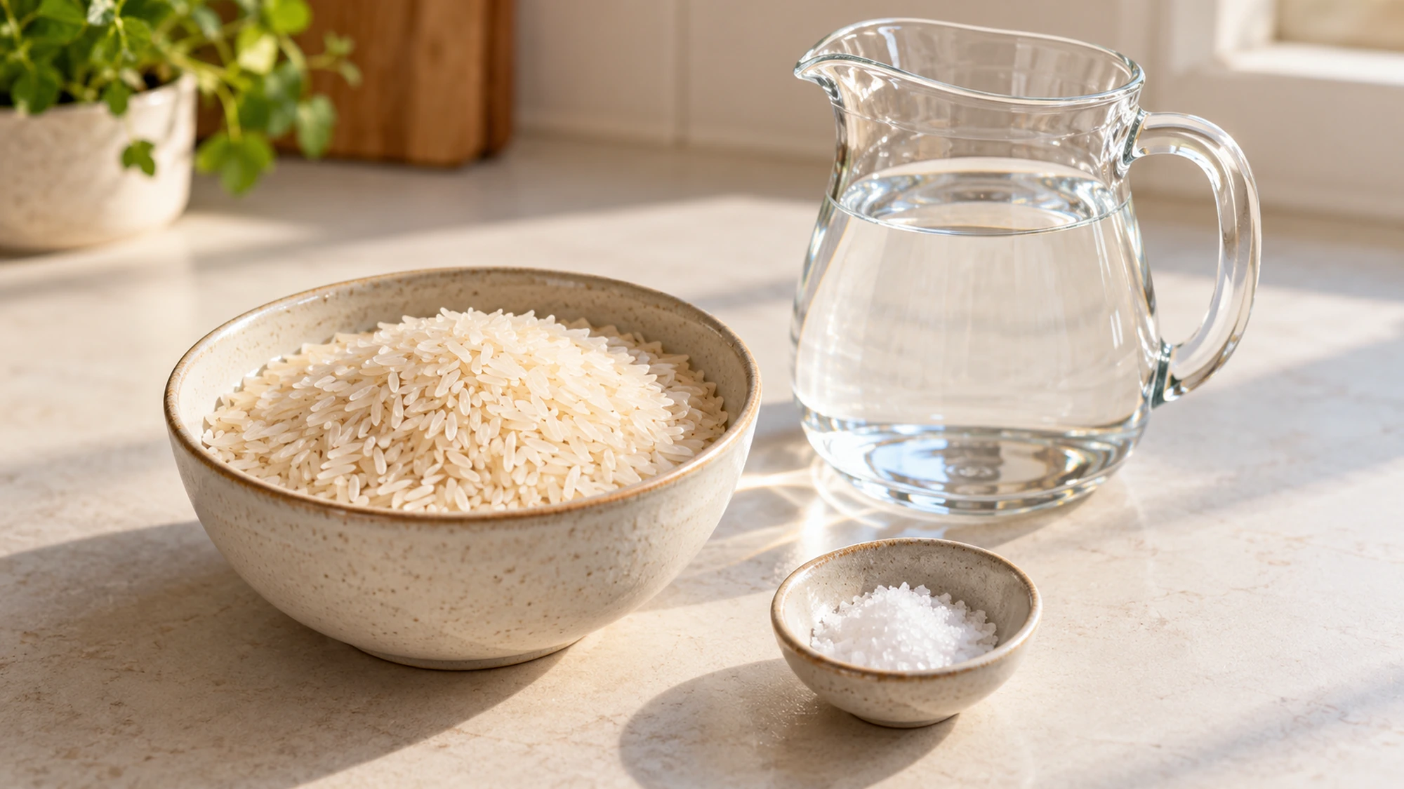 Dry rice, water and salt for how to cook rice in a saucepan