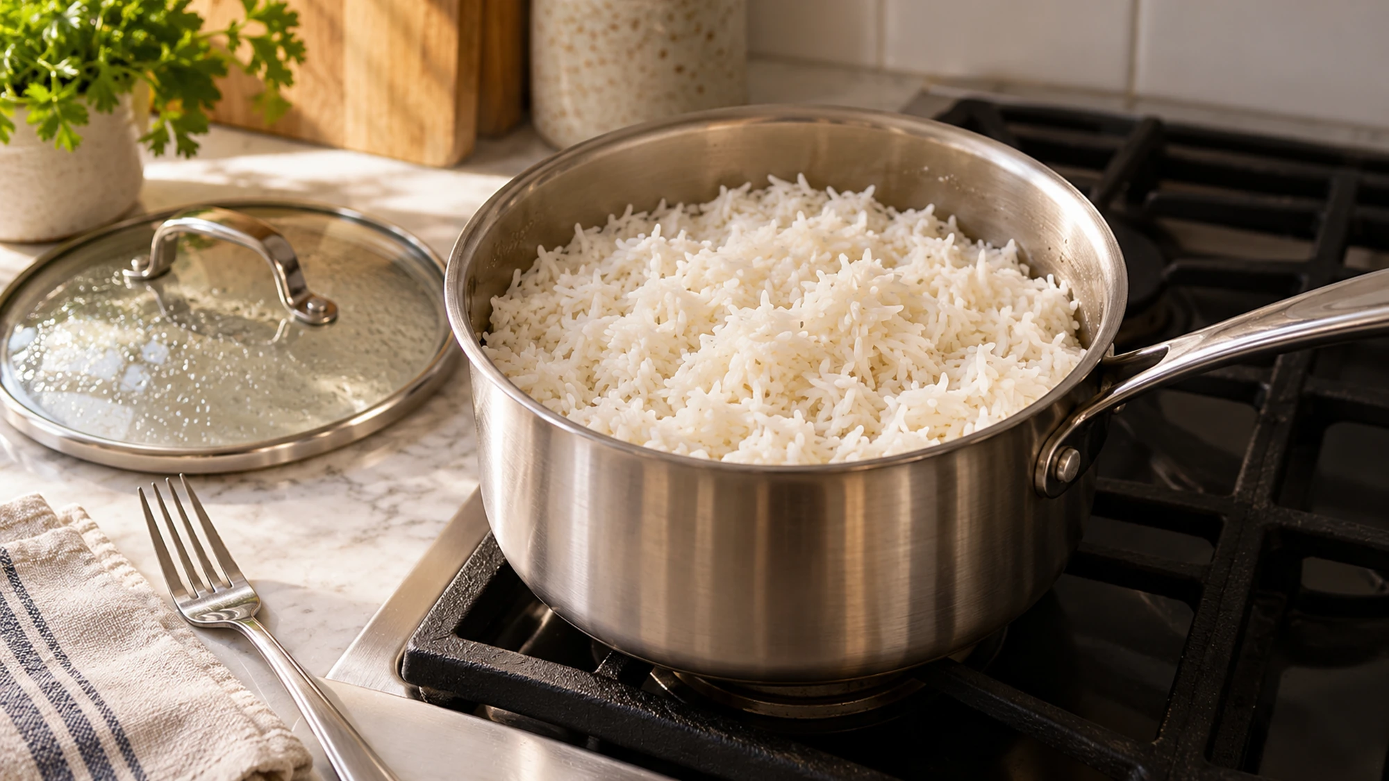 How to cook rice by absorption, shown resting in an uncovered saucepan