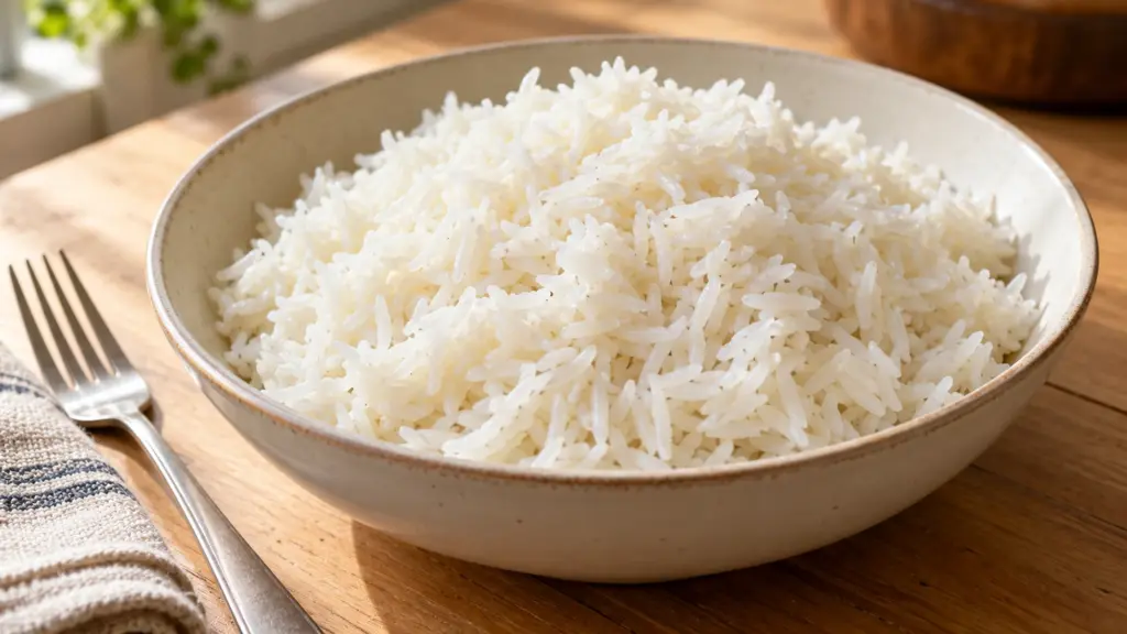 How to cook rice with fluffy long-grain white grains in a serving bowl