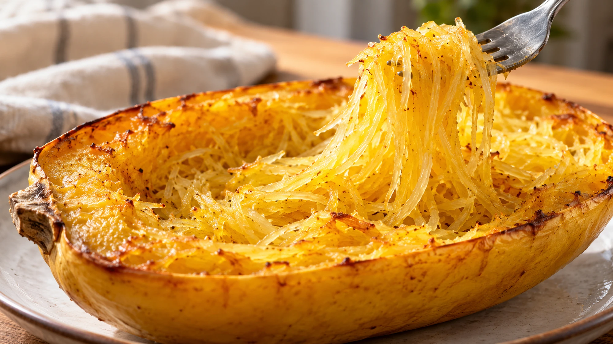 A fork lifting fine strands after how to cook spaghetti squash in the oven