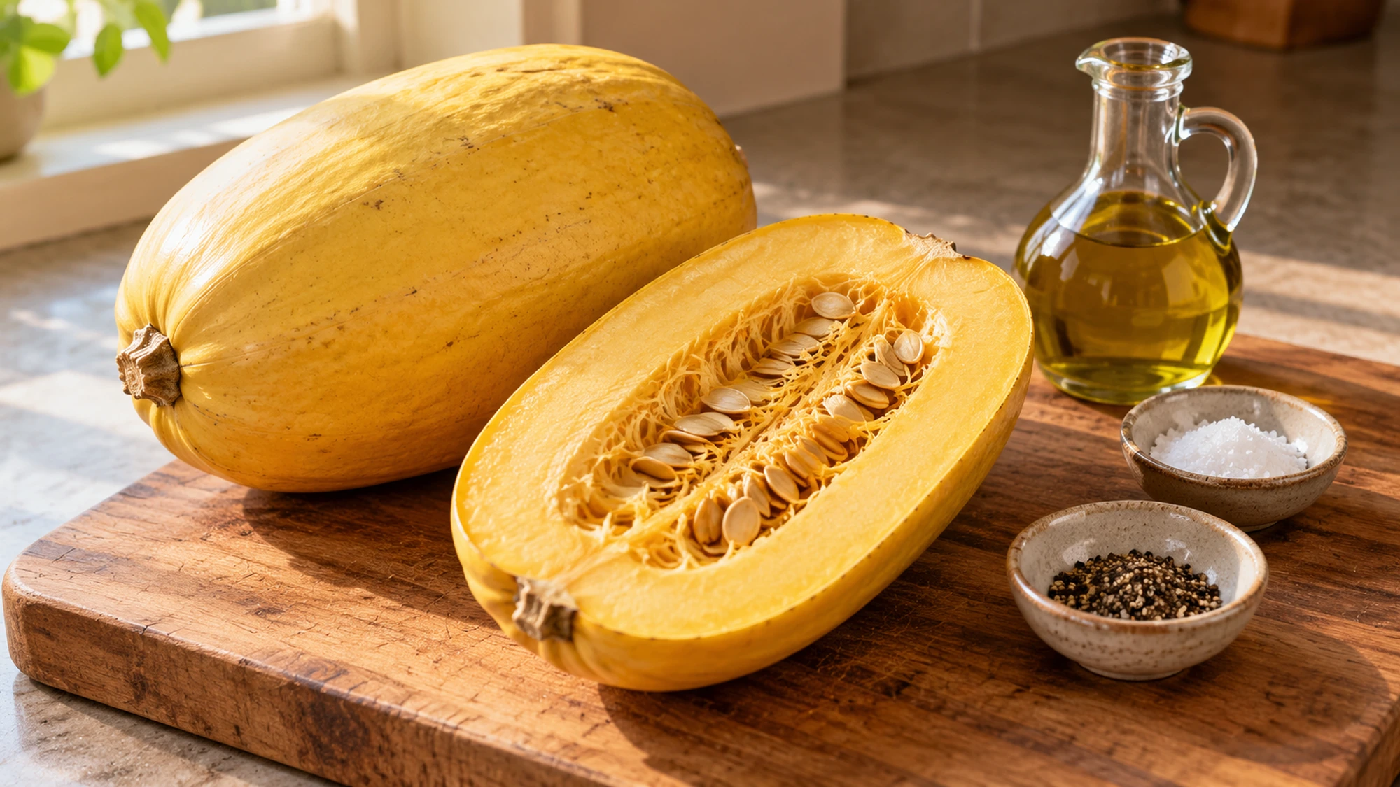 Whole squash, a raw seeded half, oil and seasoning for how to cook spaghetti squash