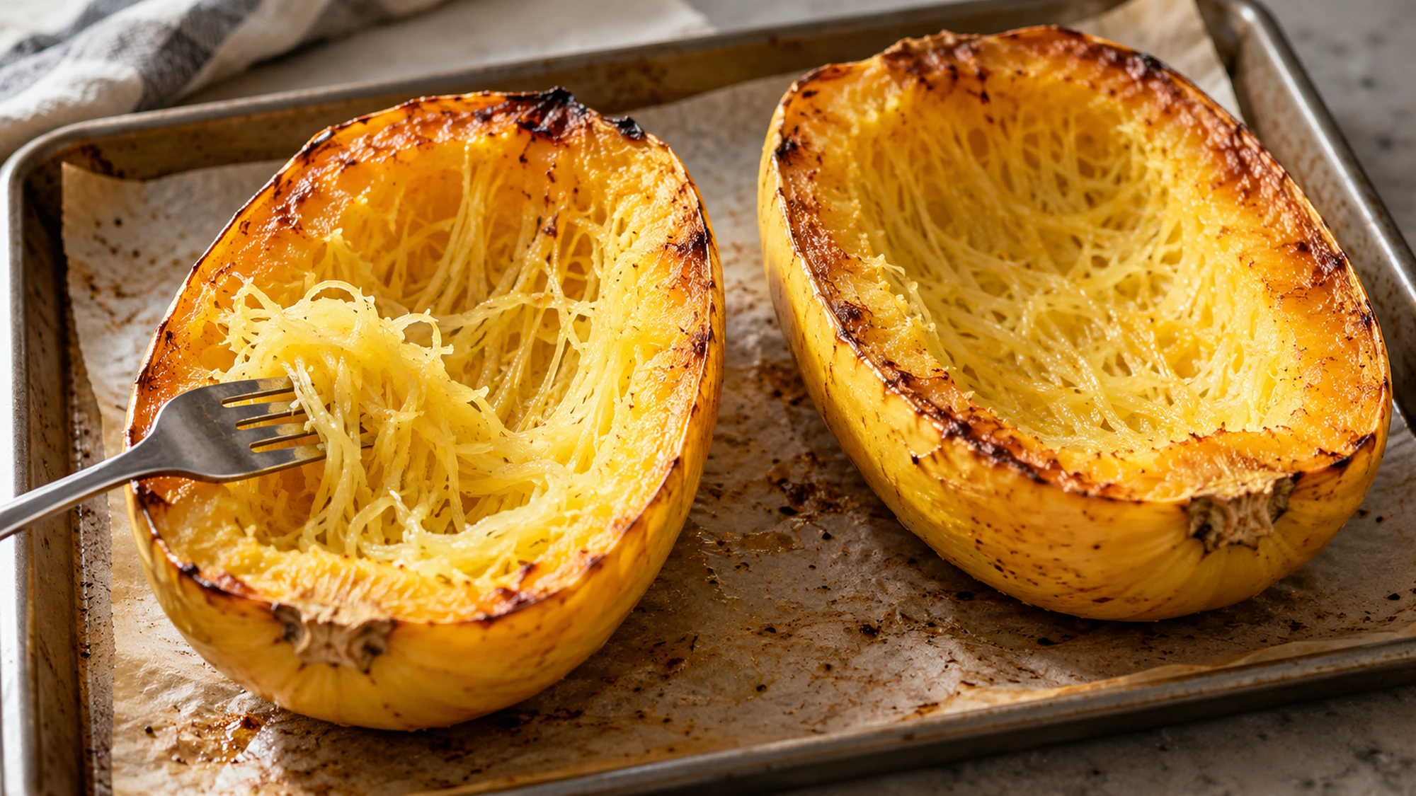 Roasted halves on a tray showing how to cook spaghetti squash