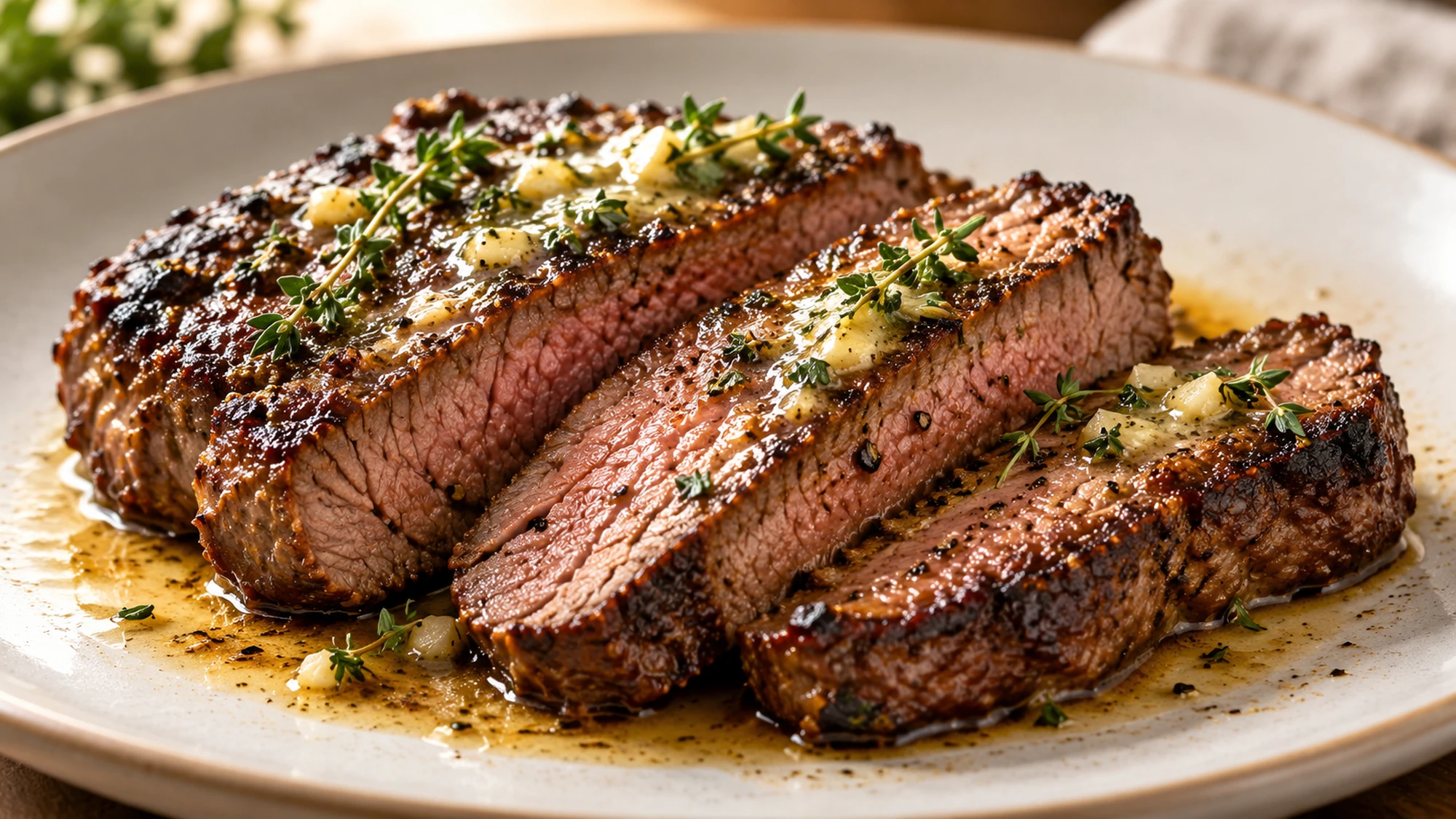 Thick slices showing the browned crust after how to cook steak in a skillet