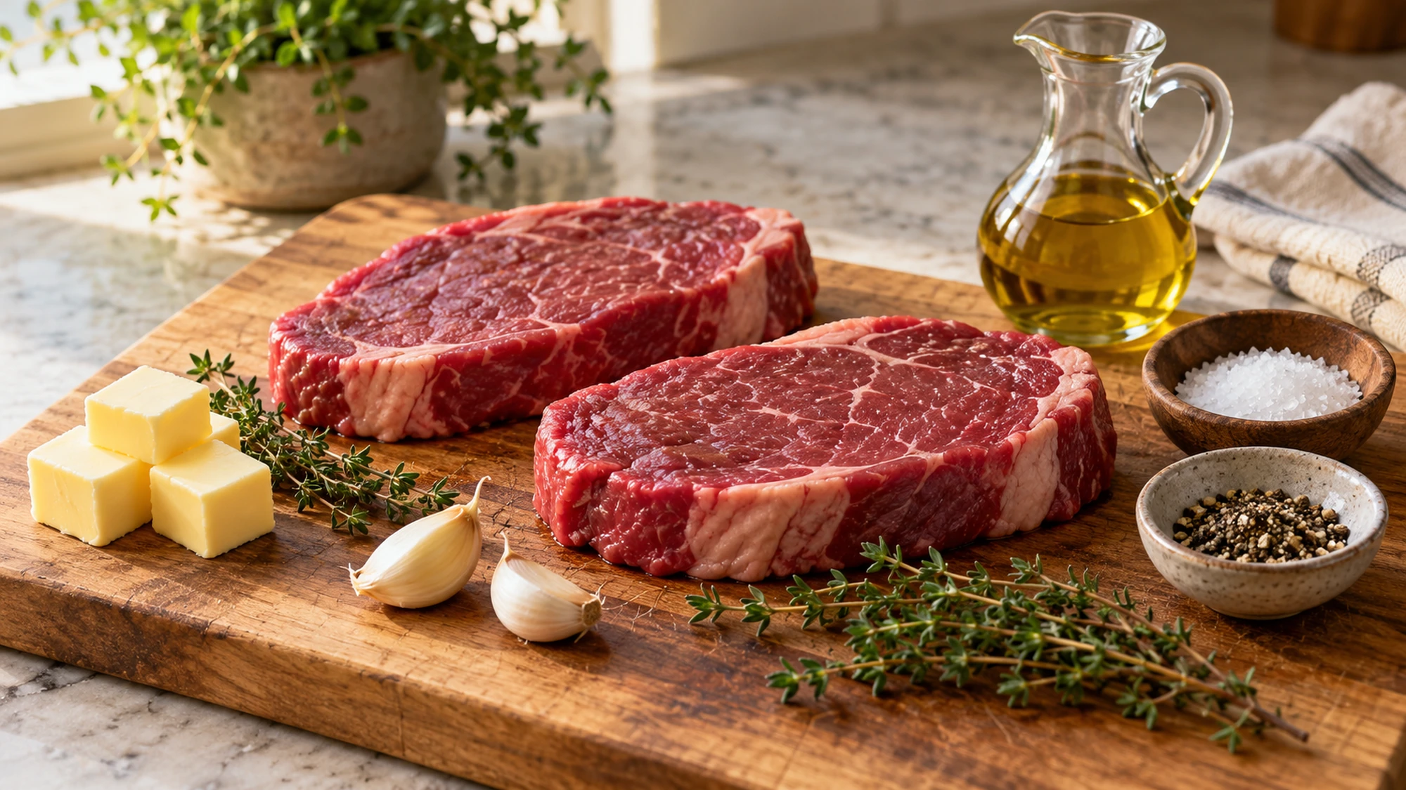 Sirloin, garlic, thyme, butter, oil and seasoning for how to cook steak