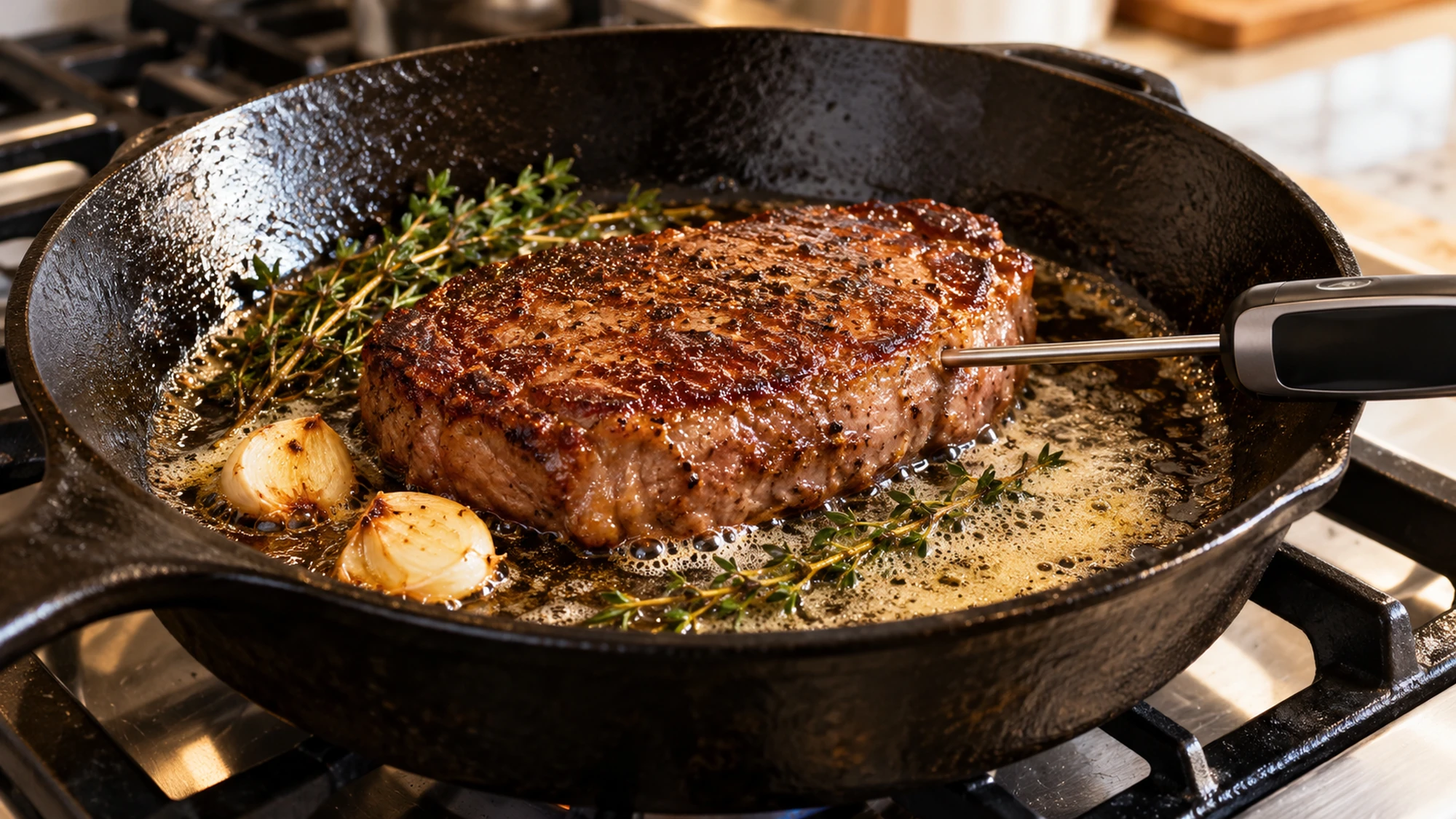 A thermometer checking how to cook steak safely in a skillet