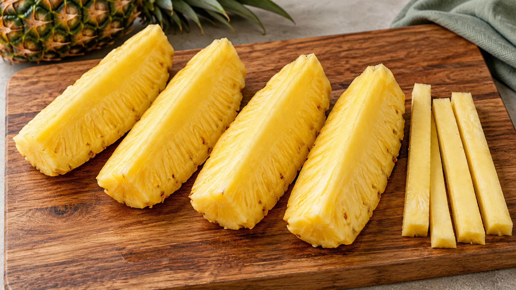Peeled pineapple quarters beside trimmed core strips