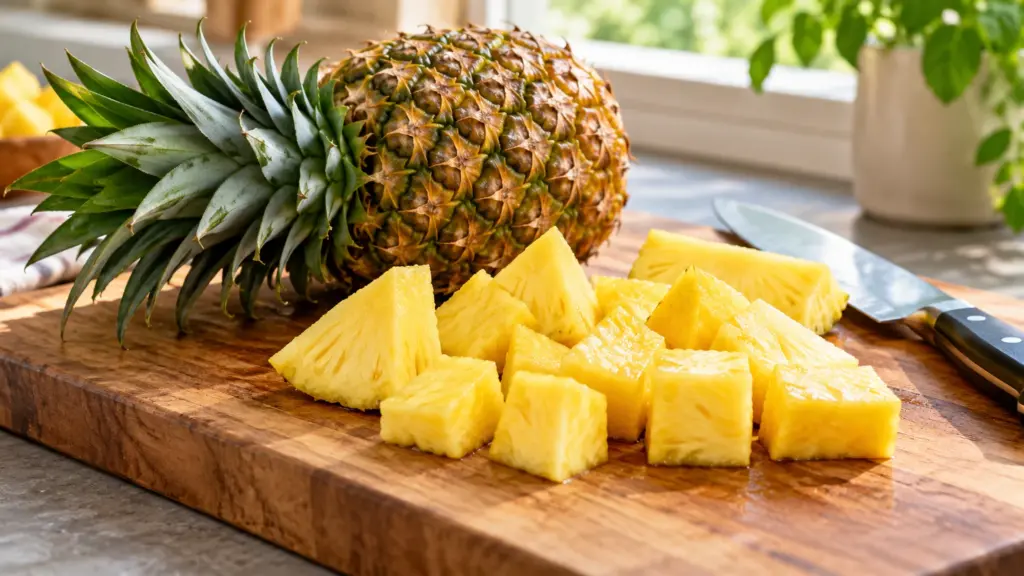 Whole pineapple and golden chunks on a cutting board