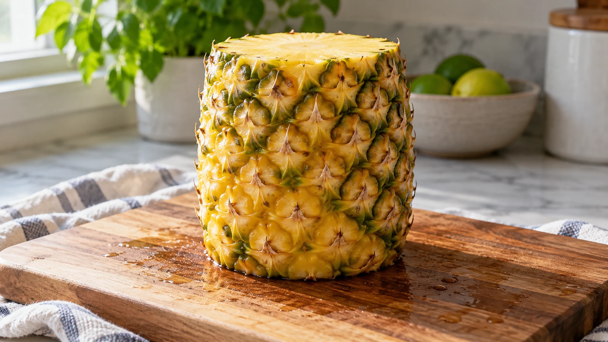 Pineapple standing on its flat cut base with the crown removed