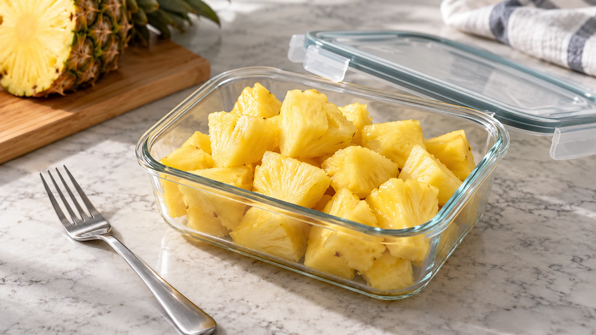 Pineapple chunks in a glass food container
