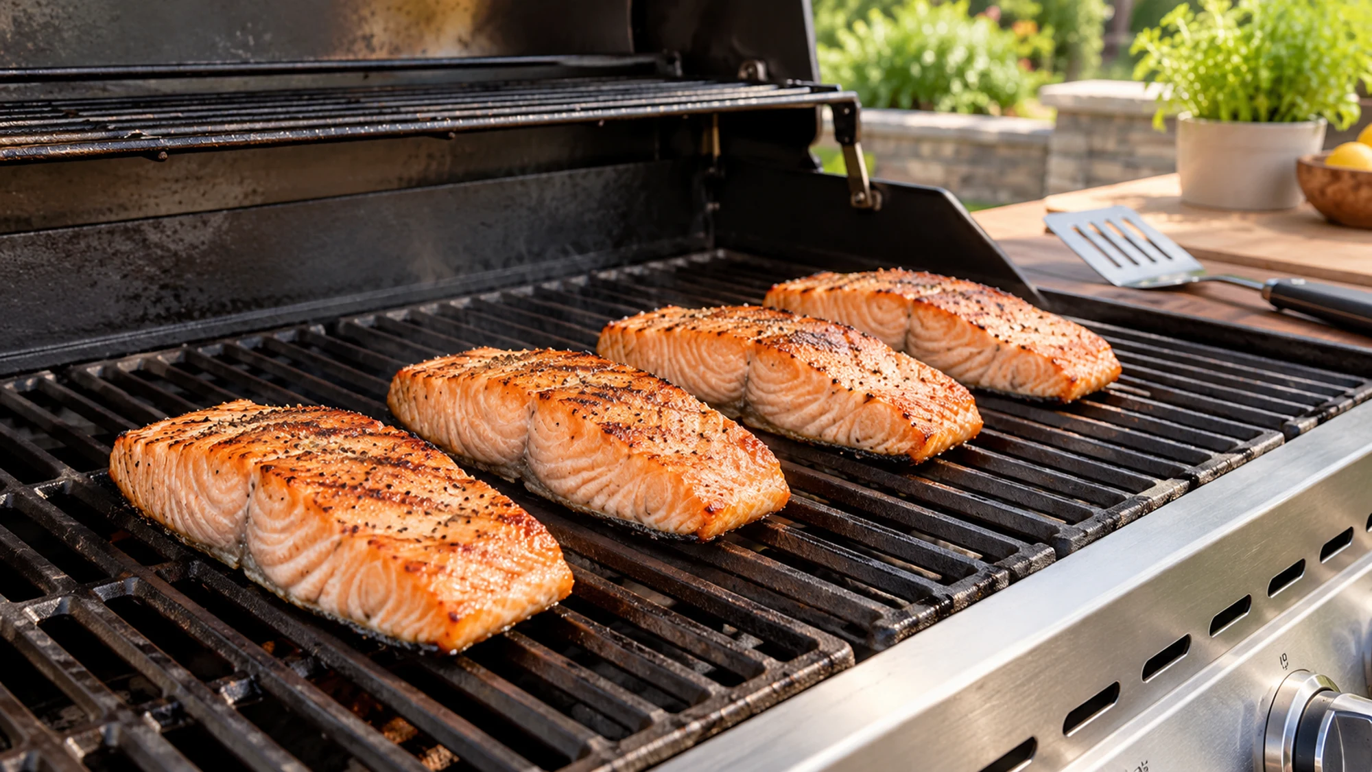 Salmon fillets cooking skin-side down on grill grates