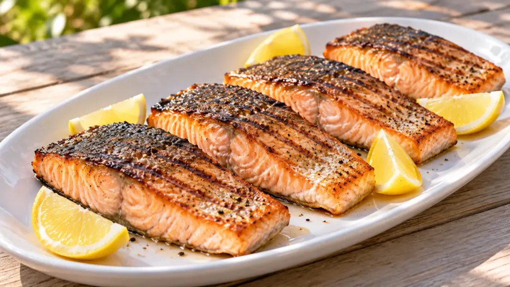 Grilled skin-on salmon fillets with lemon wedges