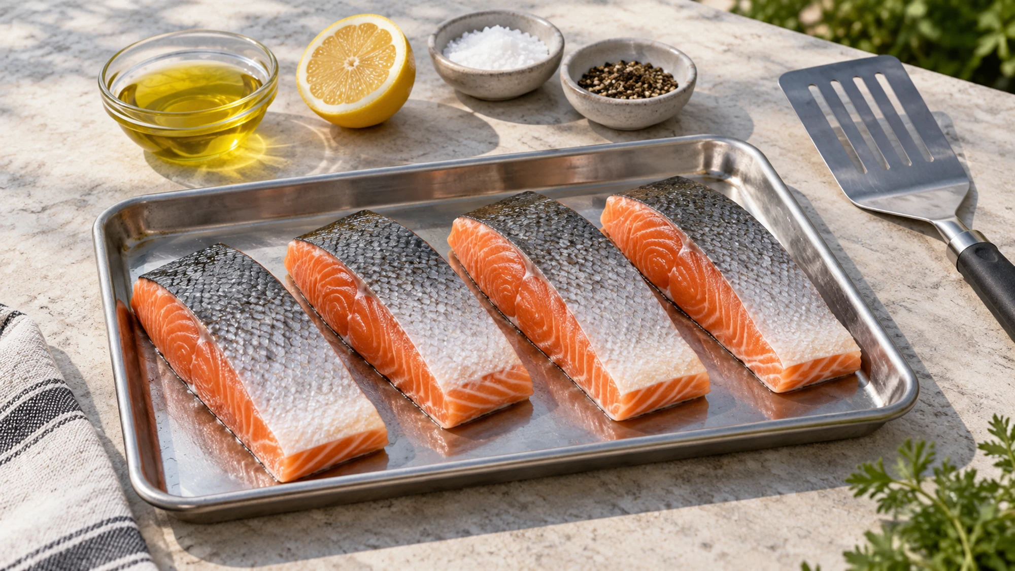 Four center-cut skin-on salmon portions with oil, lemon, salt and pepper