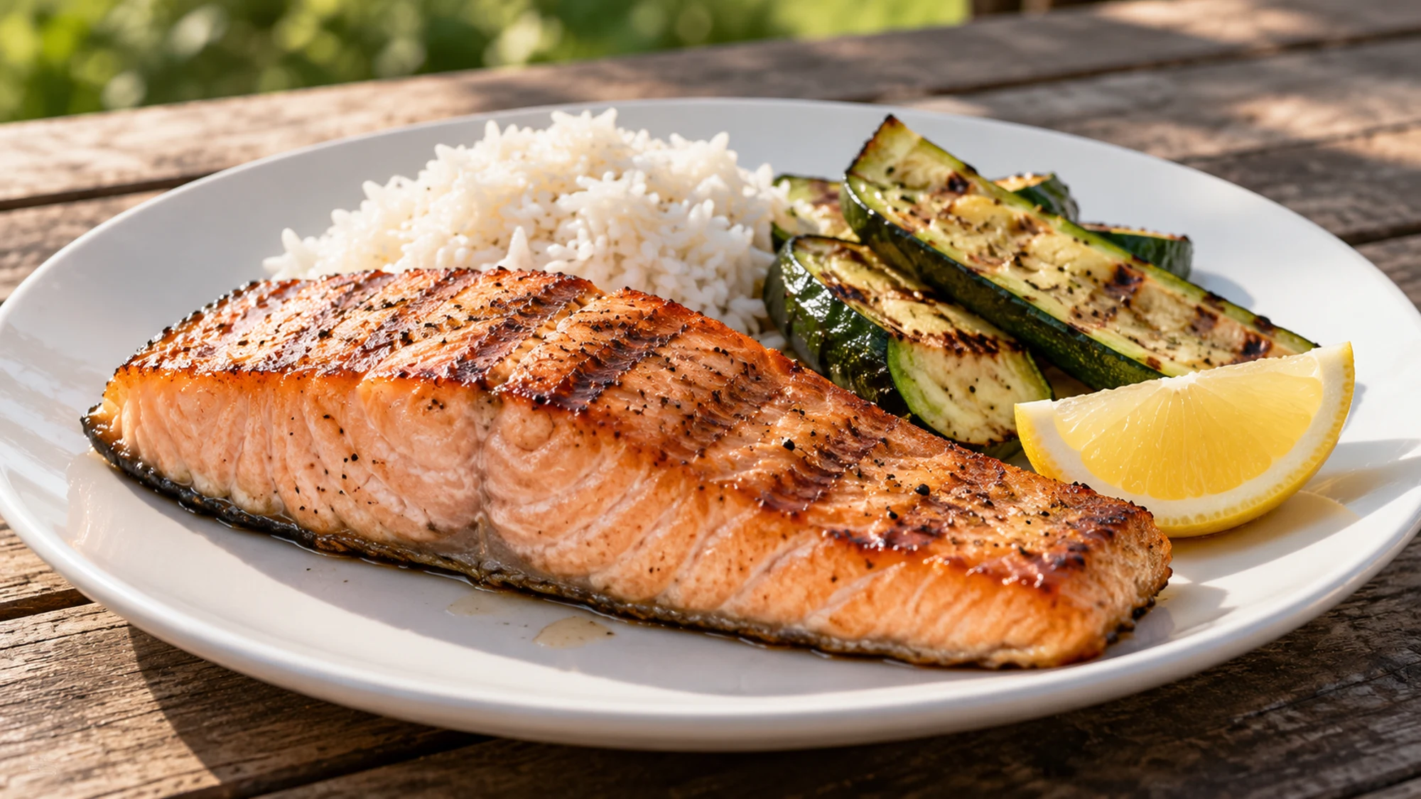 Grilled salmon served beside rice and zucchini