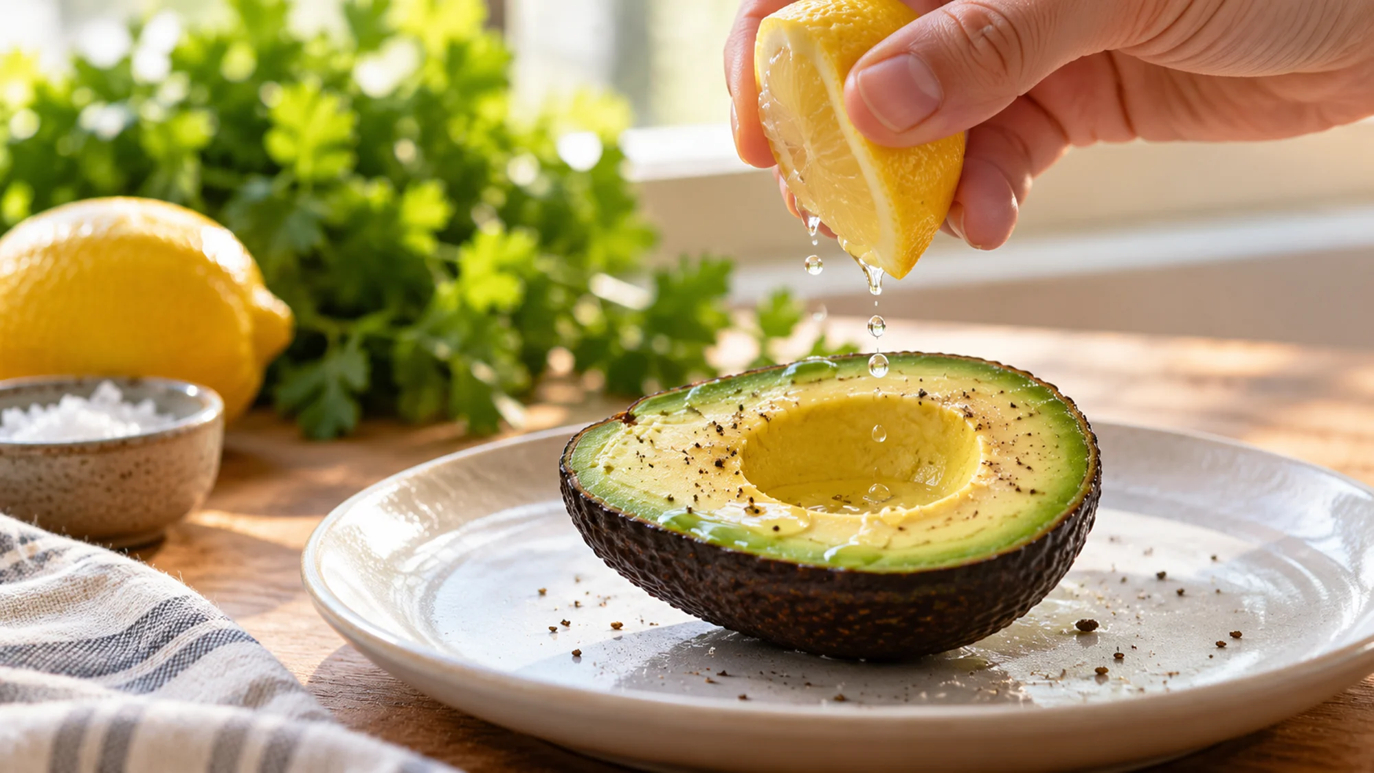 Lemon juice squeezed onto the exposed surface of an avocado half