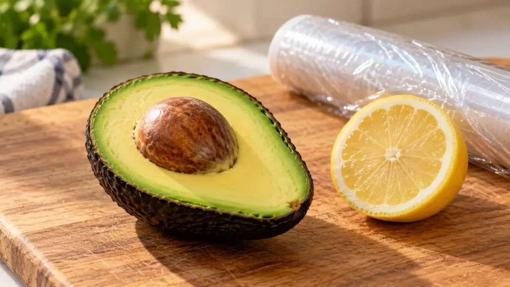 Cut avocado beside lemon and food-safe wrap