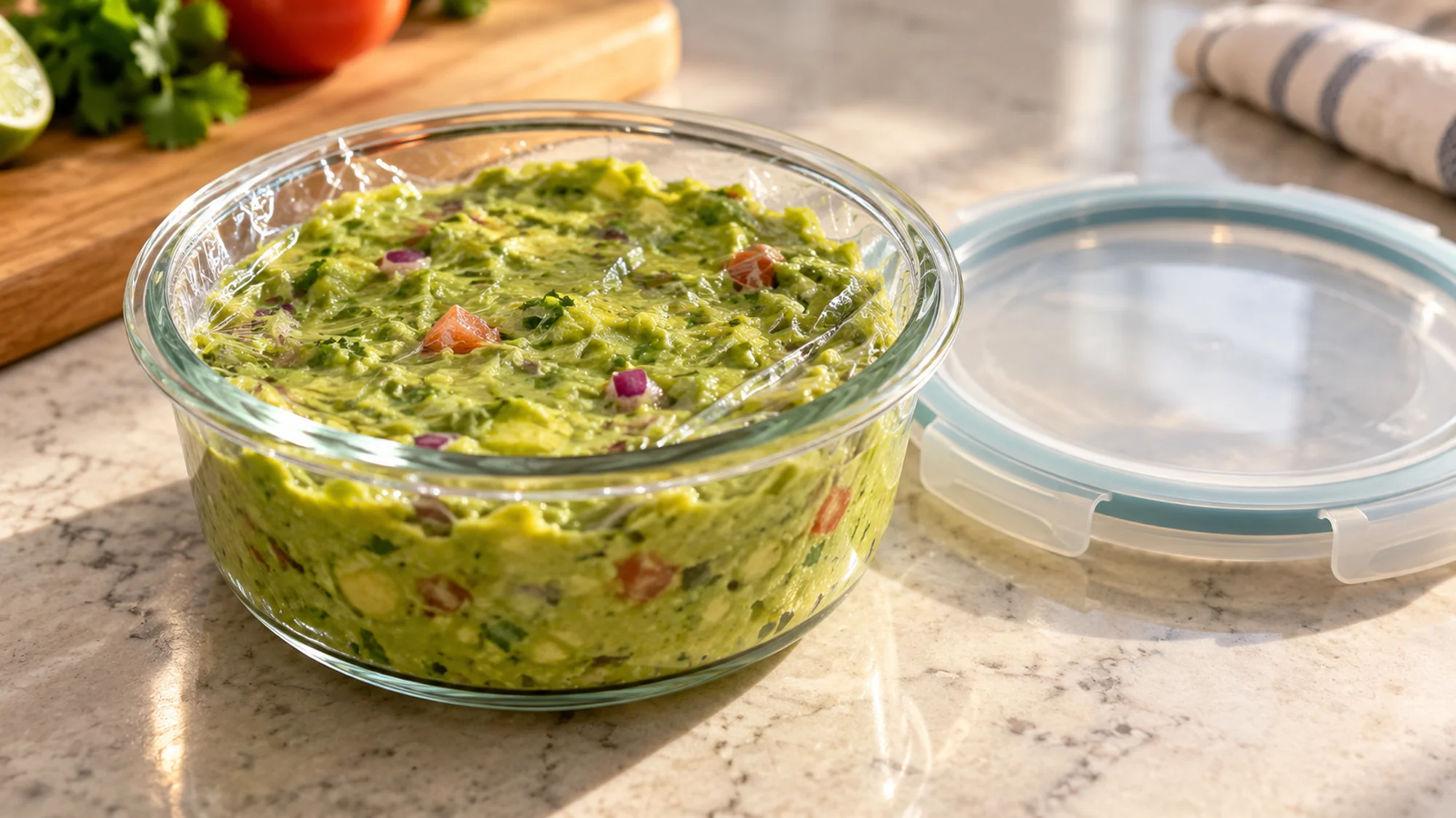 Guacamole covered with wrap directly against its surface