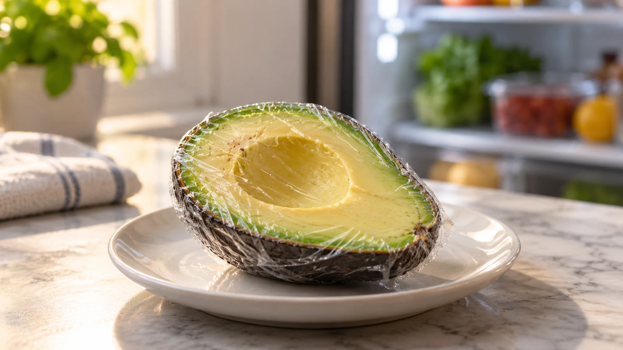 Food-safe wrap pressed against the cut surface of an avocado