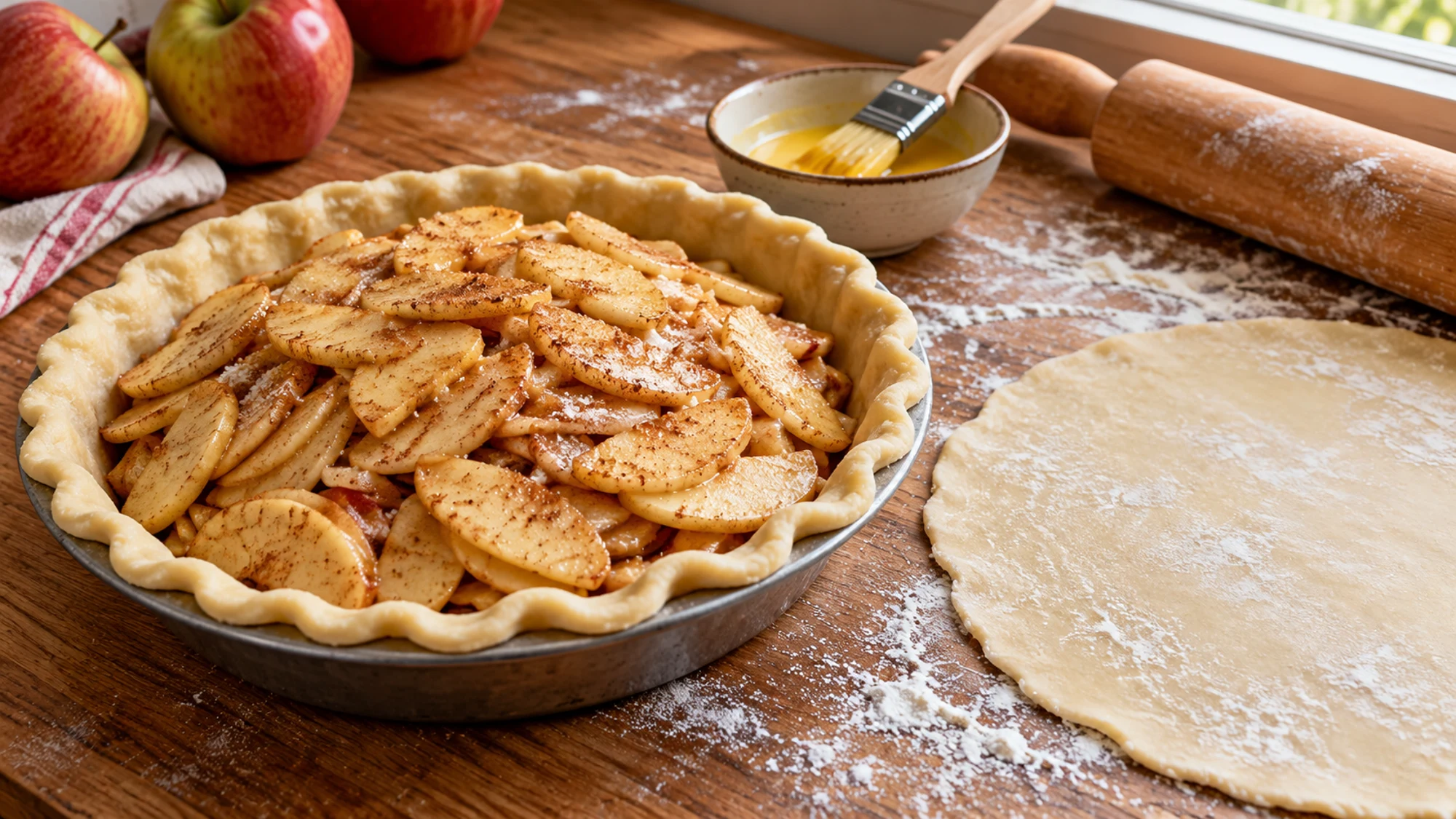 Apple filling in a pastry-lined pie pan beside the top crust