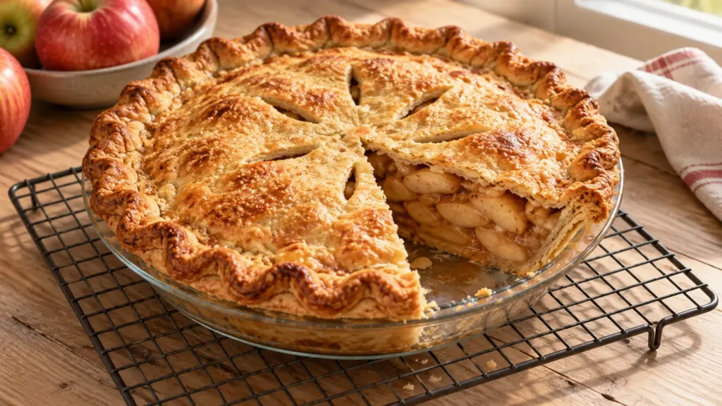 Double-crust apple pie with a slice removed to show the filling