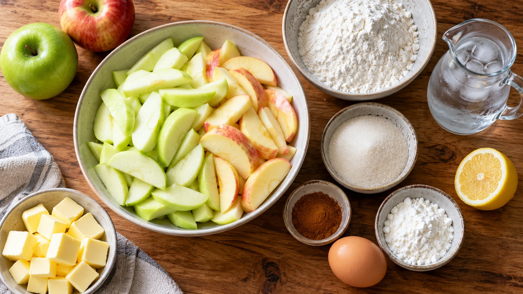 Apples, flour, butter, sugar, cornstarch and other apple pie ingredients