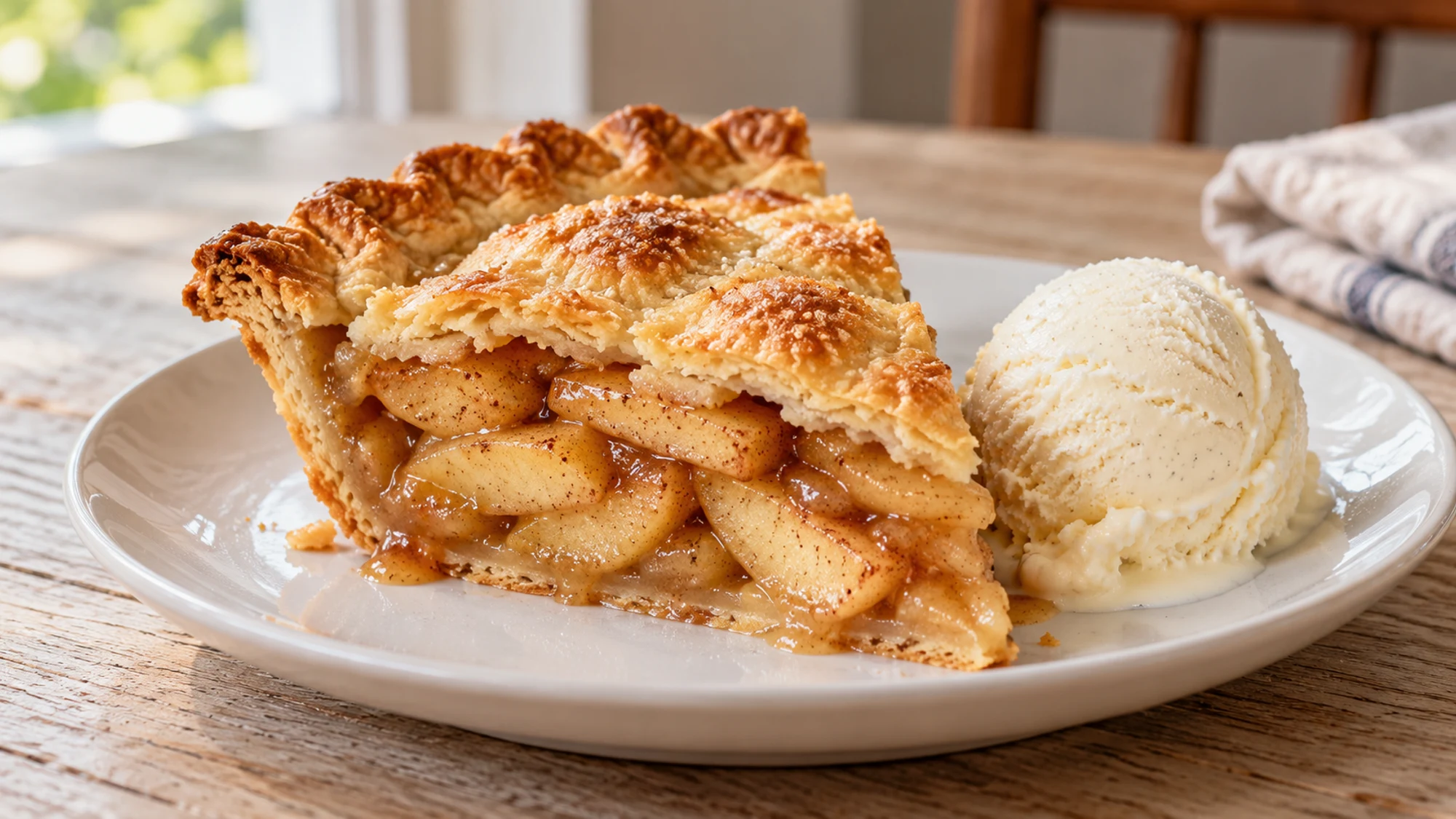 Slice of double-crust apple pie with ice cream alongside