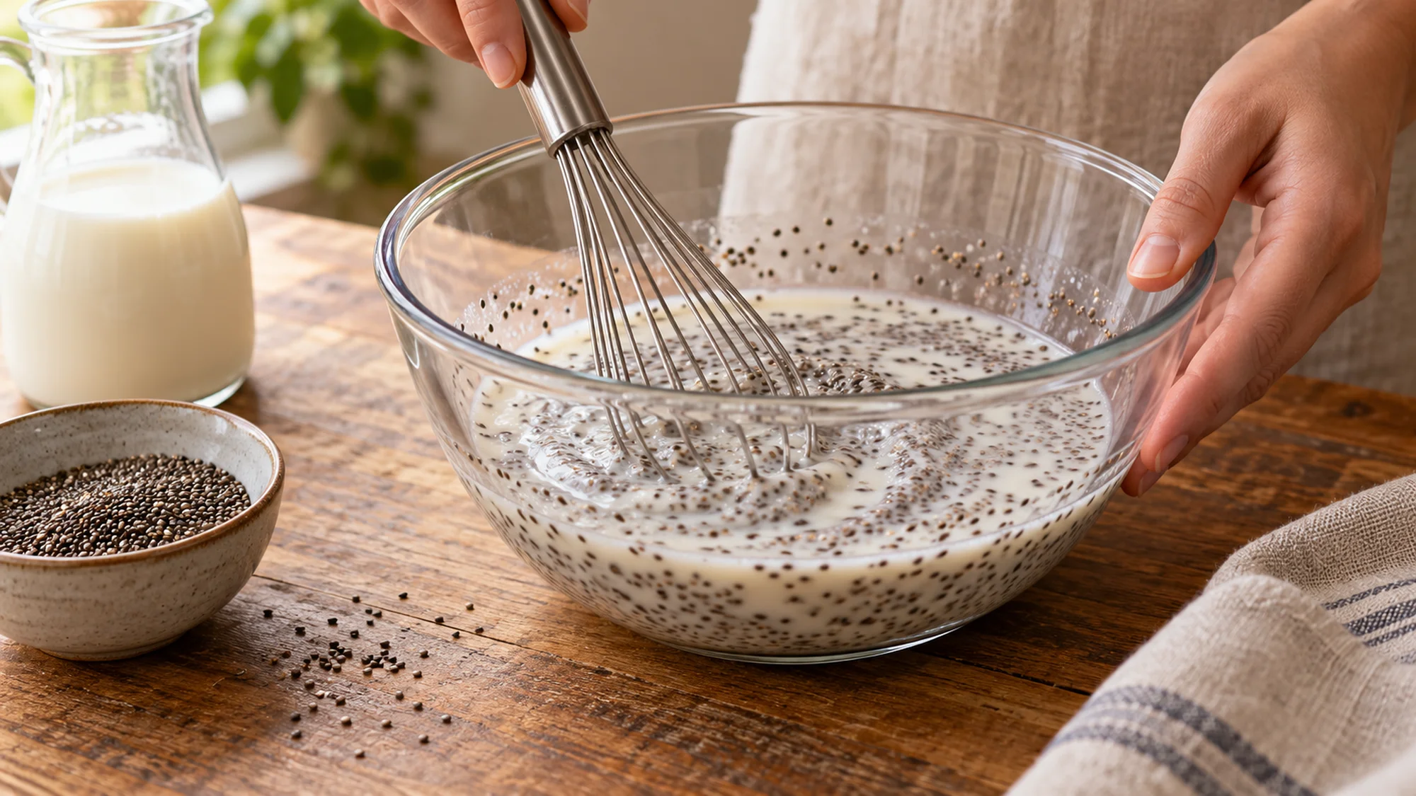 How to make chia pudding by whisking seeds into milk