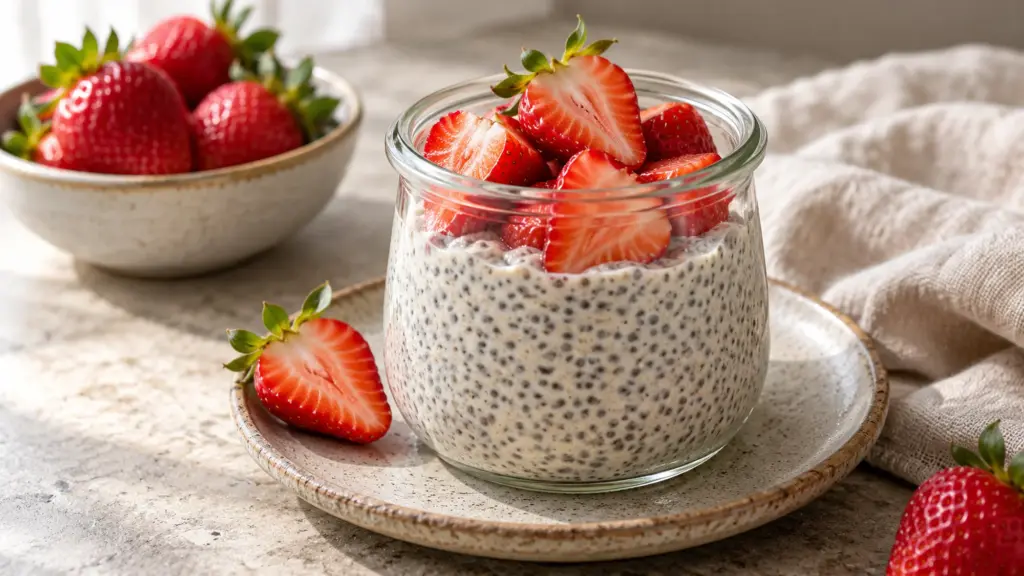 How to make chia pudding: a set vanilla pudding topped with strawberries