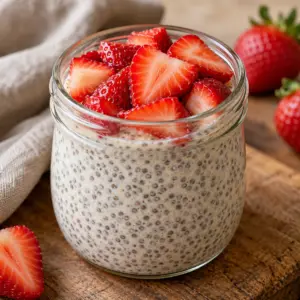 How to make chia pudding served in a small strawberry-topped jar