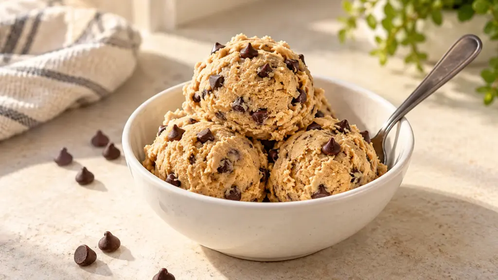 Egg-free edible chocolate chip cookie dough in a white dessert bowl